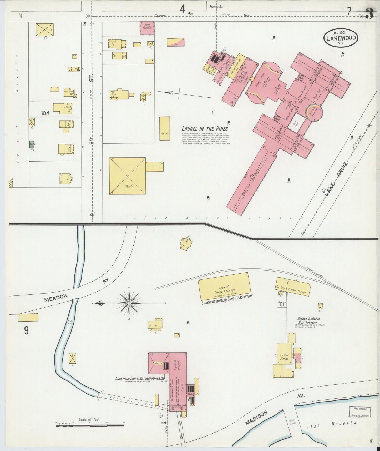 Sanborn Fire Insurance Map from Lakewood, Ocean County, New Jersey (1901), Sheet #0003 - Historic Sanborn Fire Insurance Map Print, vintage old map wall art, antique decor, genealogy gift, New Jersey New Jersey map