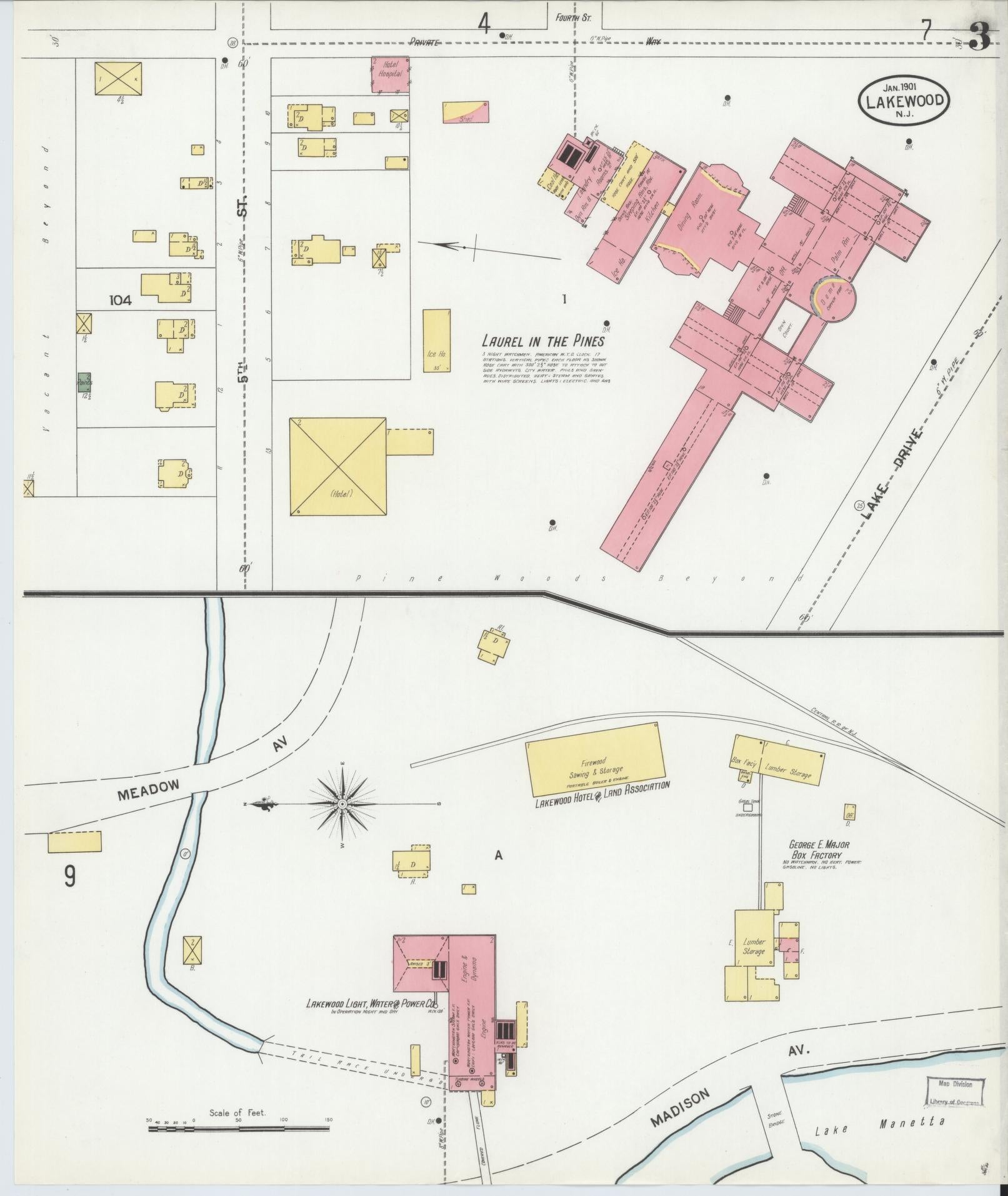 Sanborn Fire Insurance Map from Lakewood, Ocean County, New Jersey (1901), Sheet #0003 - Historic Sanborn Fire Insurance Map Print, vintage old map wall art, antique decor, genealogy gift, New Jersey New Jersey map