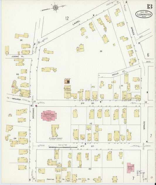Sanborn Fire Insurance Map from Leominster, Worcester County, Massachusetts (1912), Sheet #0013 - Historic Sanborn Fire Insurance Map Print, vintage old map wall art, antique decor, genealogy gift, Massachusetts Massachusetts map