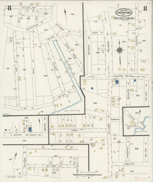 Sanborn Fire Insurance Map from Lindenhurst, Suffolk County, New York (1925), Sheet #0008 - Historic Sanborn Fire Insurance Map Print, vintage old map wall art, antique decor, genealogy gift, New York New York map