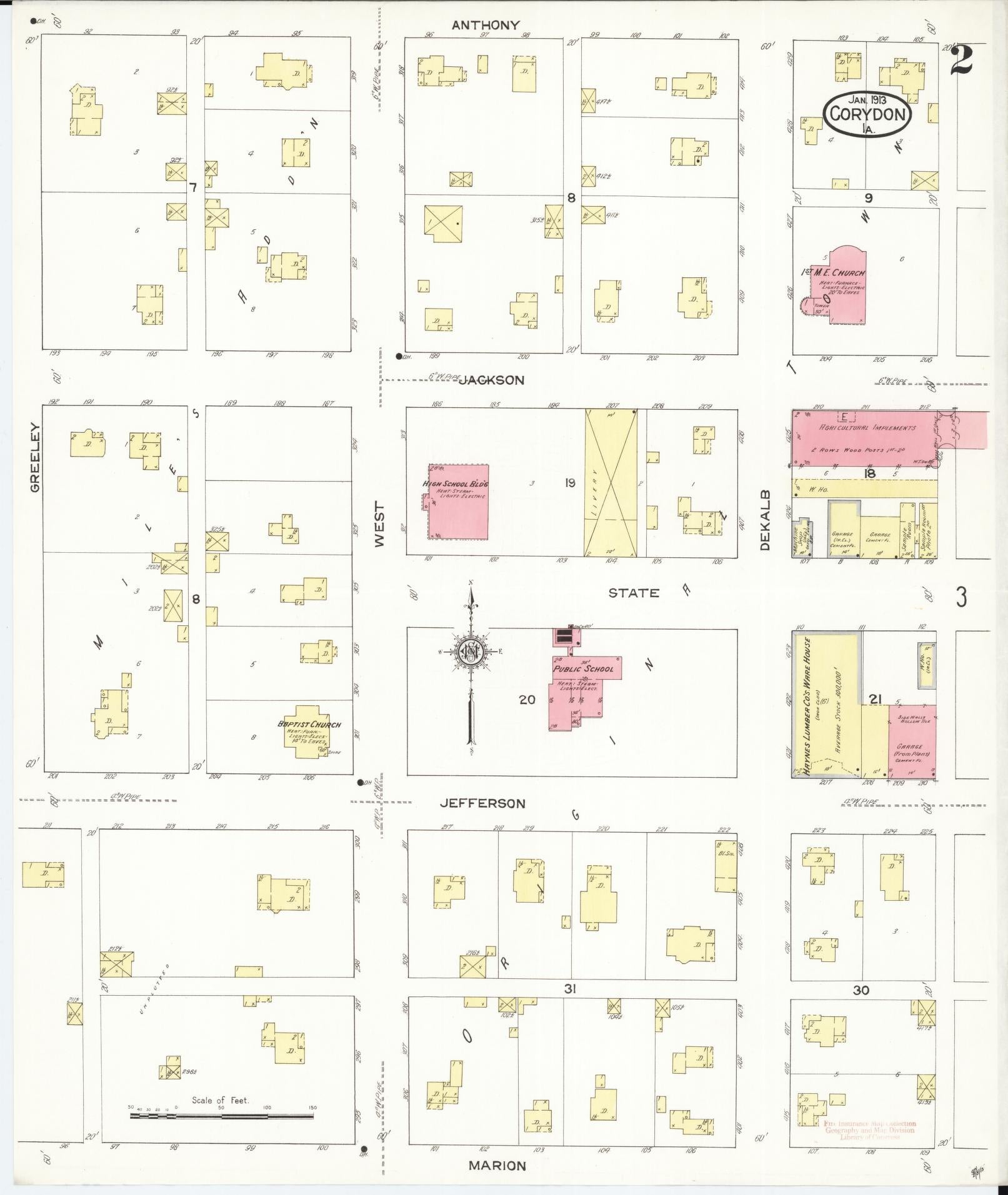 Sanborn Fire Insurance Map from Corydon, Wayne County, Iowa (1913), Sheet #0002 - Historic Sanborn Fire Insurance Map Print, vintage old map wall art