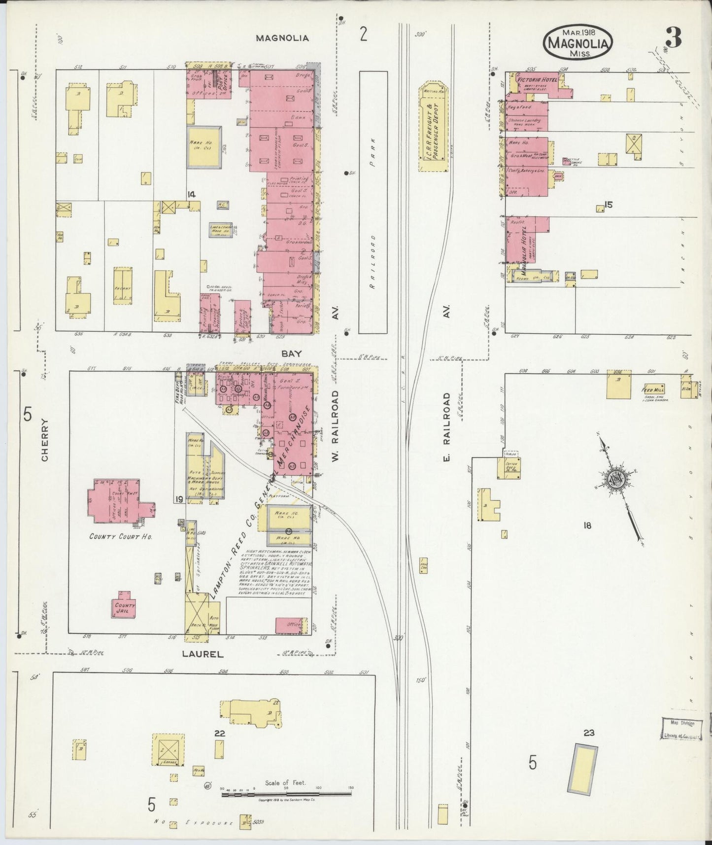 Sanborn Fire Insurance Map from Magnolia, Pike County, Mississippi (1918), Sheet #0003 - Complete Map Set gallery image, historic Sanborn map, vintage wall art, Mississippi Mississippi