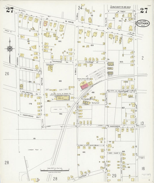Sanborn Fire Insurance Map from Dothan, Houston County, Alabama (1924), Sheet #0027 - Historic Sanborn Fire Insurance Map Print, vintage old map wall art, antique decor, genealogy gift, Alabama Alabama map