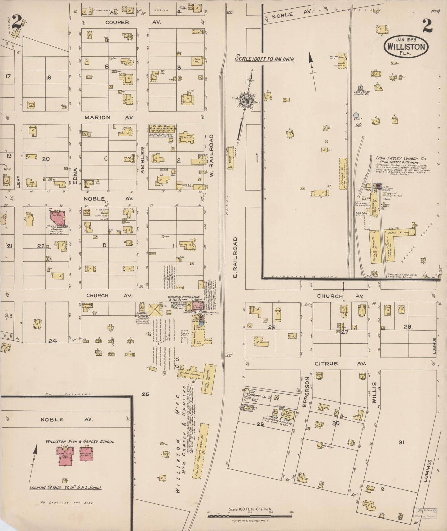 Sanborn Fire Insurance Map from Williston, Levy County, Florida (1923), Sheet #0002 - Complete Map Set gallery image, historic Sanborn map, vintage wall art, Florida Florida