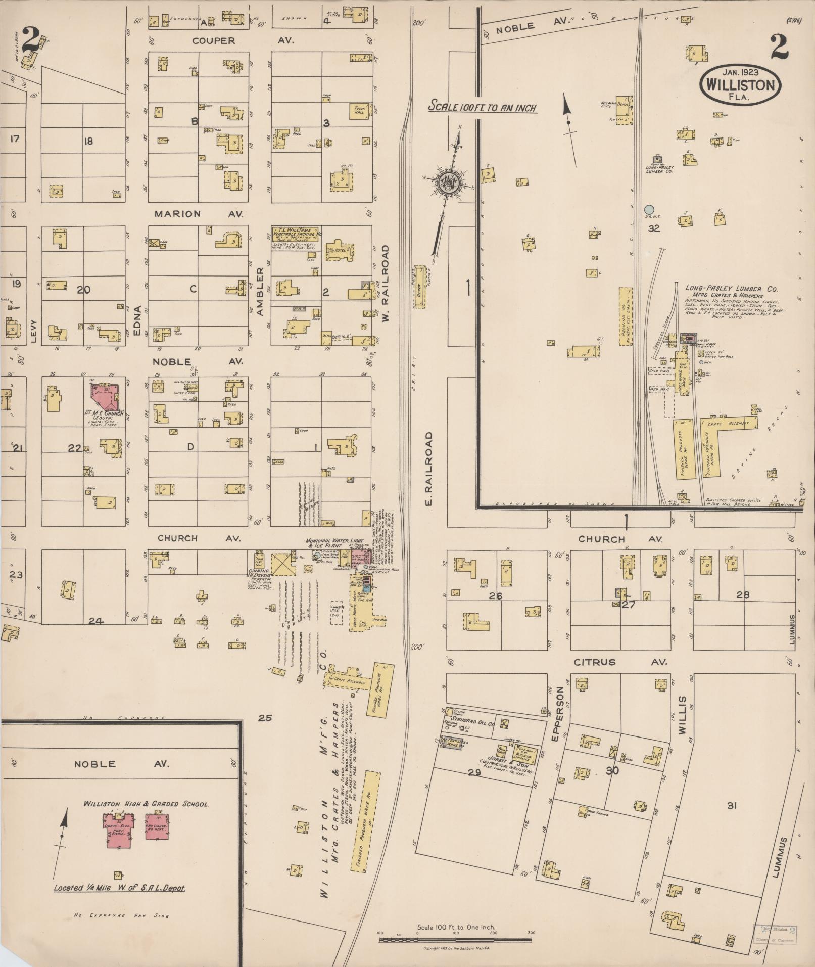 Sanborn Fire Insurance Map from Williston, Levy County, Florida (1923), Sheet #0002 - Complete Map Set gallery image, historic Sanborn map, vintage wall art, Florida Florida