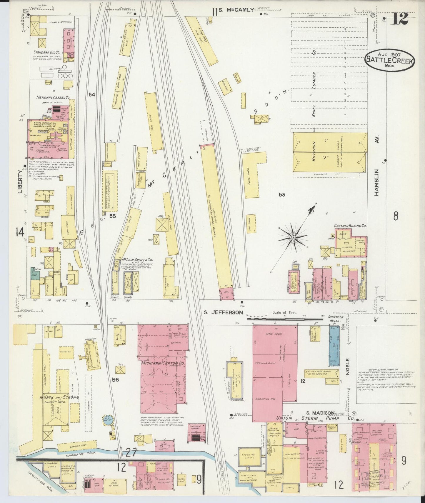 Sanborn Fire Insurance Map from Battle Creek, Calhoun County, Michigan (1907), Sheet #0012 - Complete Map Set gallery image, historic Sanborn map, vintage wall art, Michigan Michigan