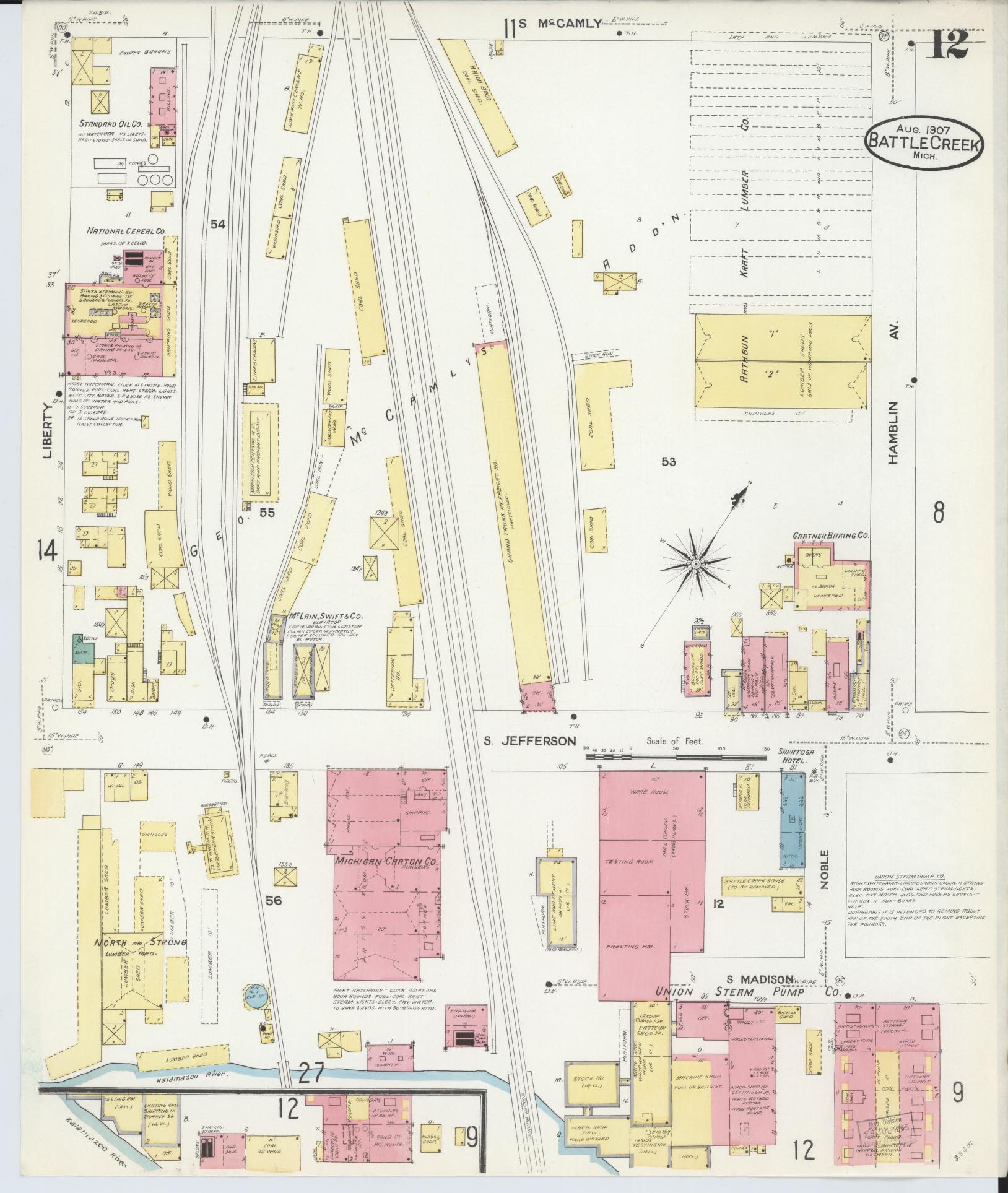 Sanborn Fire Insurance Map from Battle Creek, Calhoun County, Michigan (1907), Sheet #0012 - Complete Map Set gallery image, historic Sanborn map, vintage wall art, Michigan Michigan