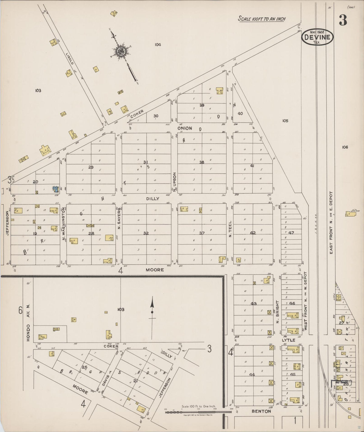 Sanborn Fire Insurance Map from Devine, Medina County, Texas (1922), Sheet #0003 - Complete Map Set gallery image, historic Sanborn map, vintage wall art, Texas Texas