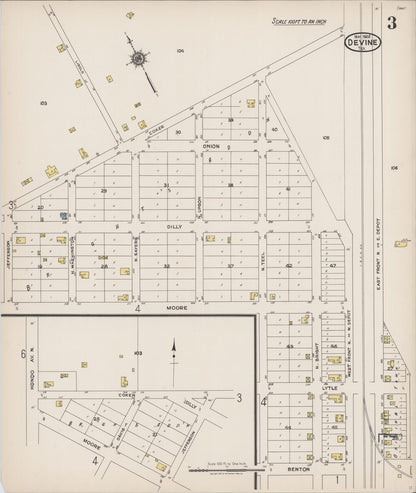 Sanborn Fire Insurance Map from Devine, Medina County, Texas (1922), Sheet #0003 - Complete Map Set gallery image, historic Sanborn map, vintage wall art, Texas Texas