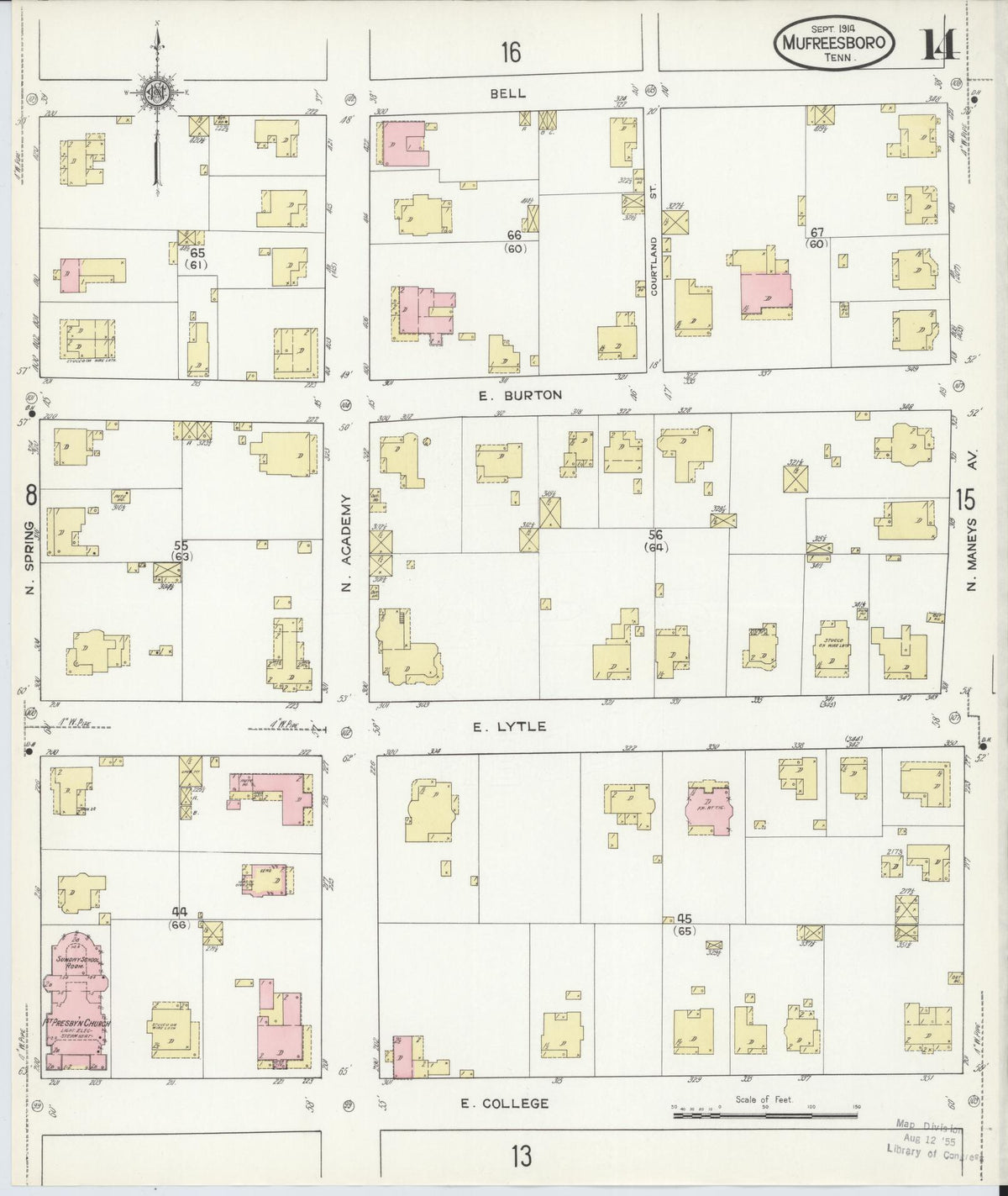 Sanborn Fire Insurance Map from Murfreesboro, Rutherford County, Tennessee (1914), Sheet #0014 - Historic Sanborn Fire Insurance Map Print, vintage old map wall art, antique decor, genealogy gift, Tennessee Tennessee map