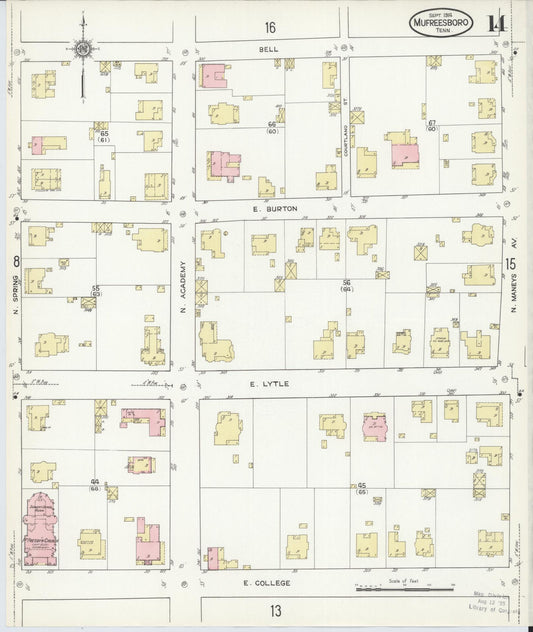 Sanborn Fire Insurance Map from Murfreesboro, Rutherford County, Tennessee (1914), Sheet #0014 - Historic Sanborn Fire Insurance Map Print, vintage old map wall art, antique decor, genealogy gift, Tennessee Tennessee map