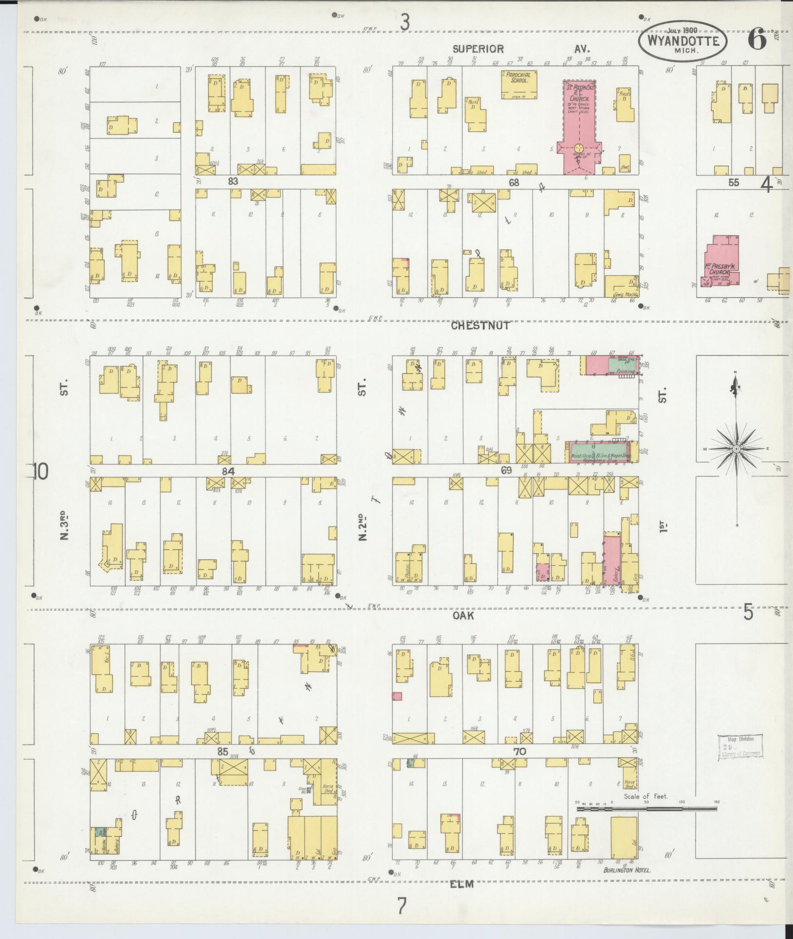 Sanborn Fire Insurance Map from Wyandotte, Wayne County, Michigan (1900), Sheet #0006 - Historic Sanborn Fire Insurance Map Print, vintage old map wall art, antique decor, genealogy gift, Michigan Michigan map