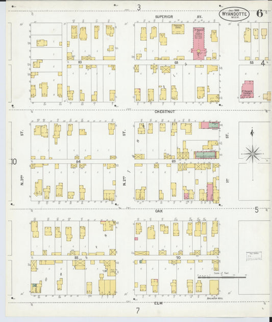 Sanborn Fire Insurance Map from Wyandotte, Wayne County, Michigan (1900), Sheet #0006 - Historic Sanborn Fire Insurance Map Print, vintage old map wall art, antique decor, genealogy gift, Michigan Michigan map