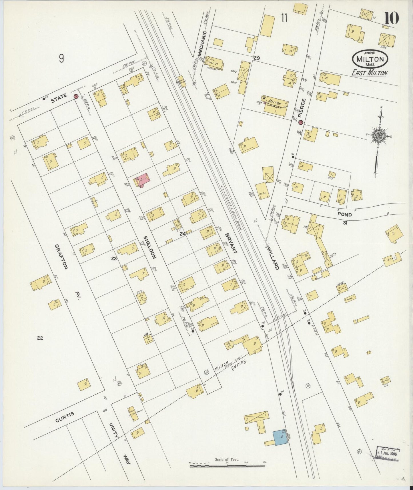Sanborn Fire Insurance Map from Milton, Norfolk County, Massachusetts (1911), Sheet #0010 - Historic Sanborn Fire Insurance Map Print, vintage old map wall art, antique decor, genealogy gift, Massachusetts Massachusetts map