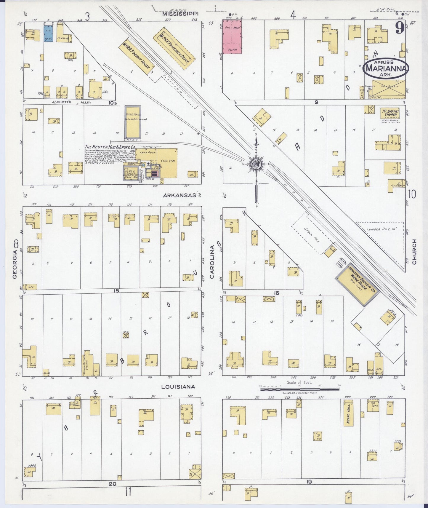Sanborn Fire Insurance Map from Marianna, Lee County, Arkansas (1919), Sheet #0009 - Historic Sanborn Fire Insurance Map Print, vintage old map wall art, antique decor, genealogy gift, Arkansas Arkansas map