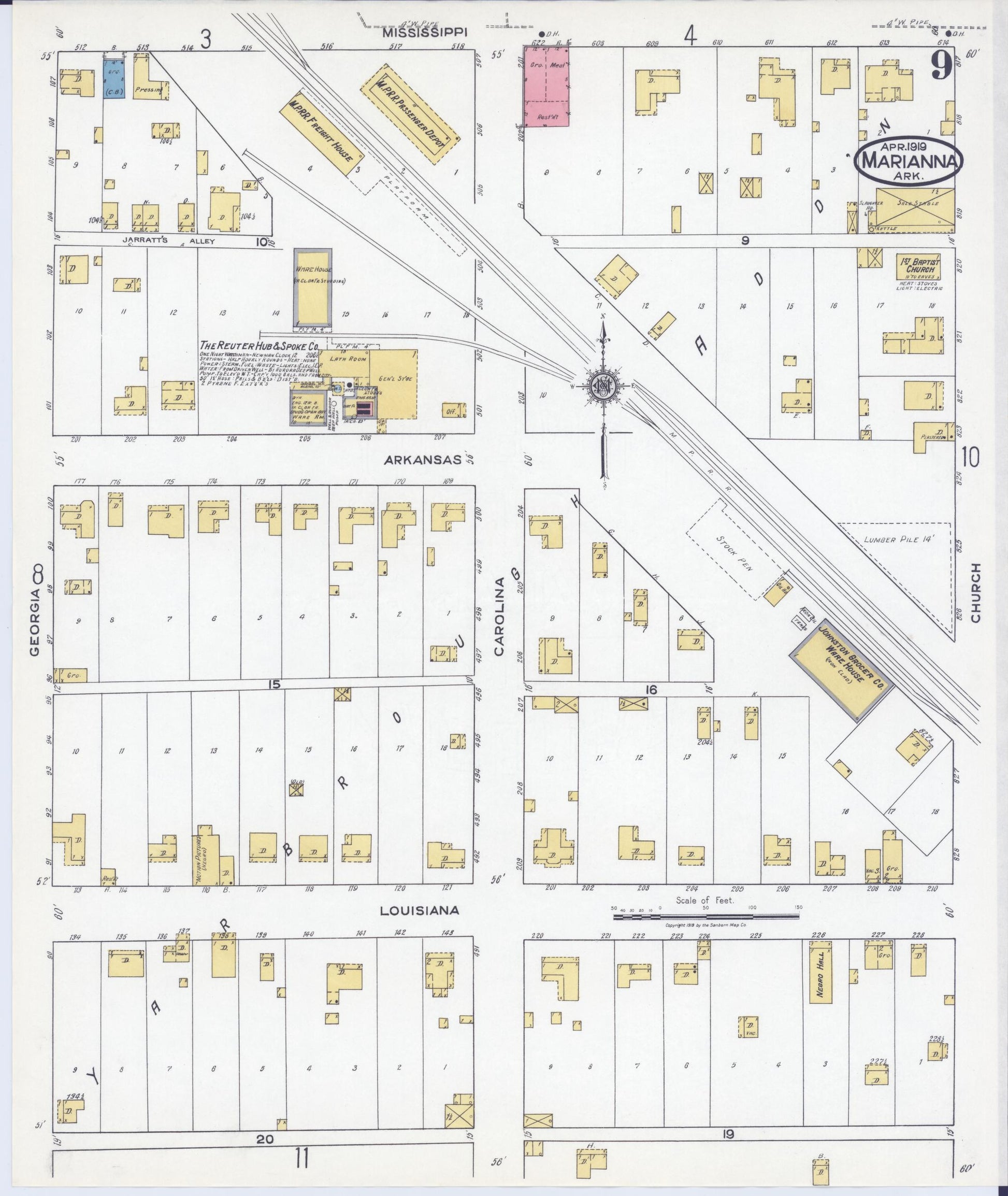 Sanborn Fire Insurance Map from Marianna, Lee County, Arkansas (1919), Sheet #0009 - Historic Sanborn Fire Insurance Map Print, vintage old map wall art, antique decor, genealogy gift, Arkansas Arkansas map