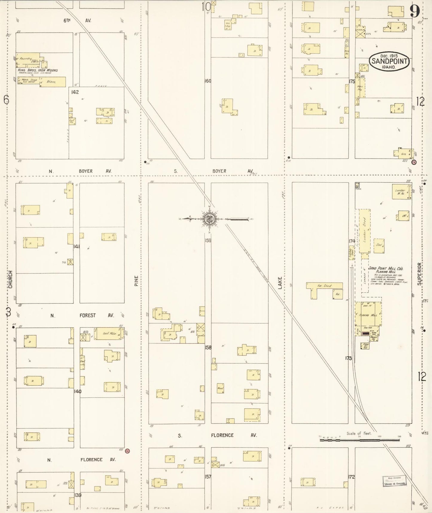 Sanborn Fire Insurance Map from Sandpoint, Bonner County, Idaho (1915), Sheet #0009 - Complete Map Set gallery image, historic Sanborn map, vintage wall art, Idaho Idaho