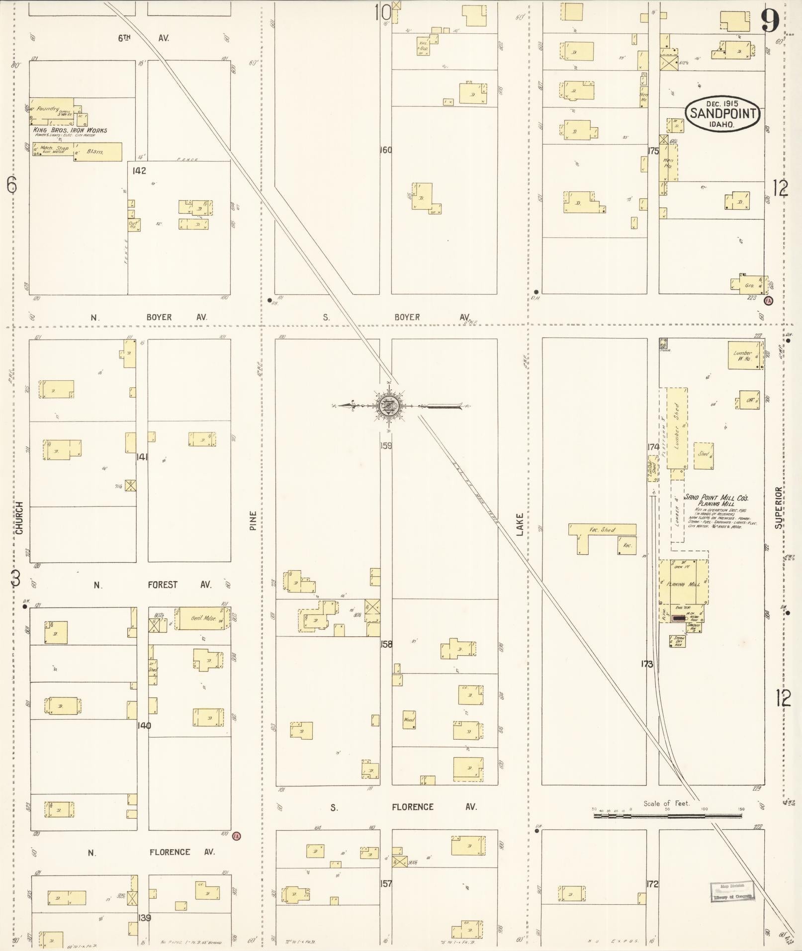 Sanborn Fire Insurance Map from Sandpoint, Bonner County, Idaho (1915), Sheet #0009 - Complete Map Set gallery image, historic Sanborn map, vintage wall art, Idaho Idaho