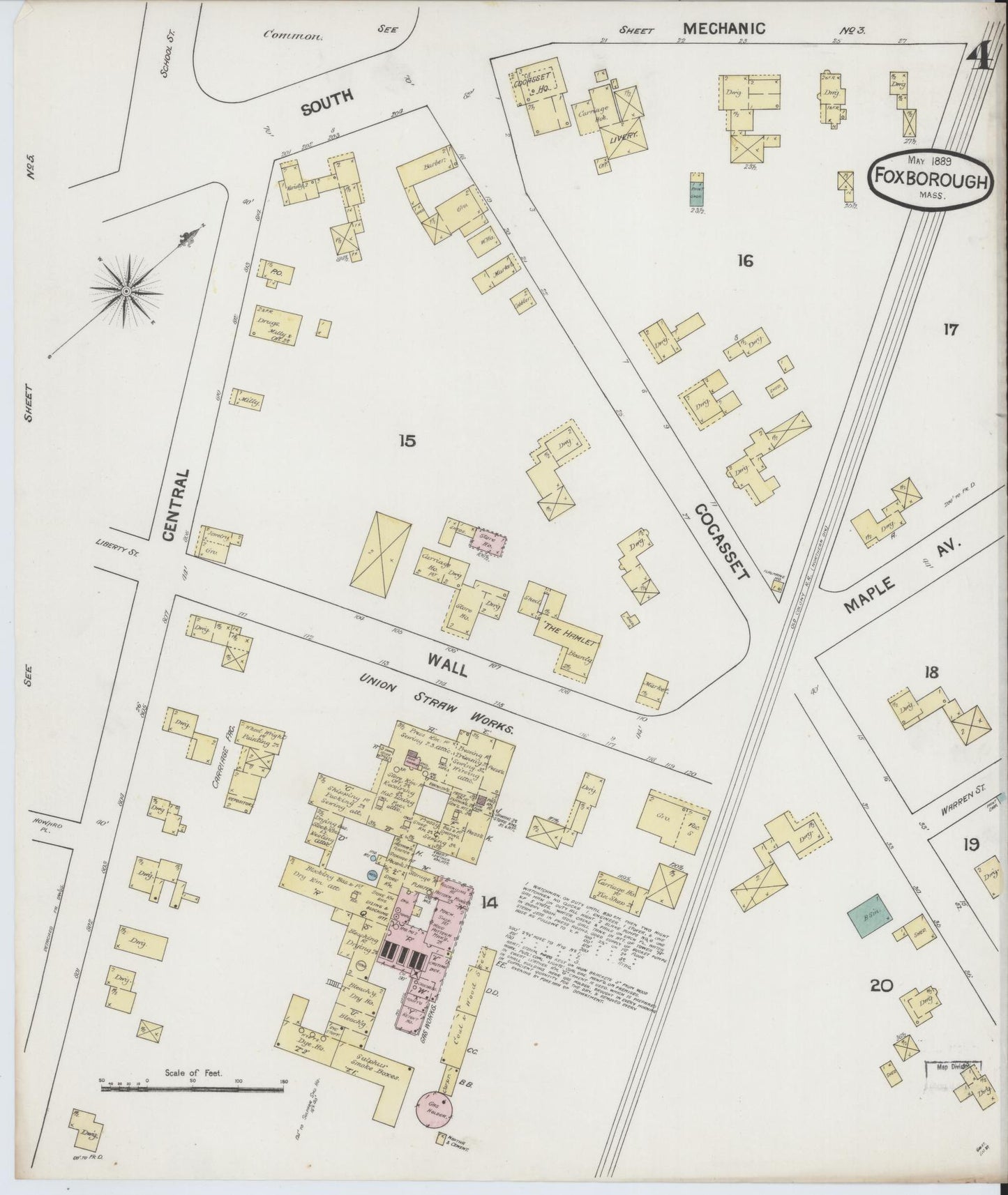 Sanborn Fire Insurance Map from Foxboro, Norfolk County, Massachusetts (1889), Sheet #0004 - Historic Sanborn Fire Insurance Map Print, vintage old map wall art, antique decor, genealogy gift, Massachusetts Massachusetts map