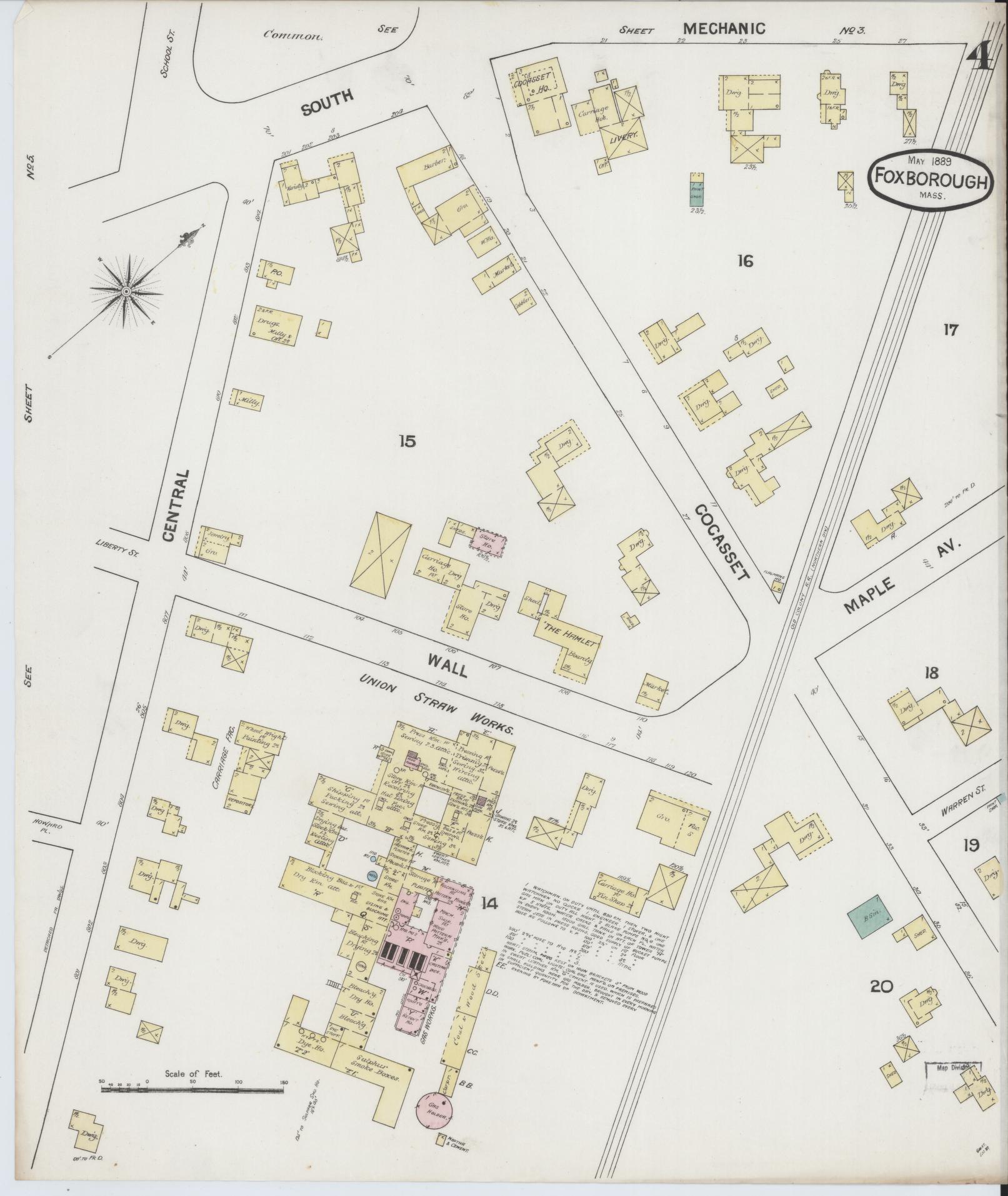 Sanborn Fire Insurance Map from Foxboro, Norfolk County, Massachusetts (1889), Sheet #0004 - Historic Sanborn Fire Insurance Map Print, vintage old map wall art, antique decor, genealogy gift, Massachusetts Massachusetts map