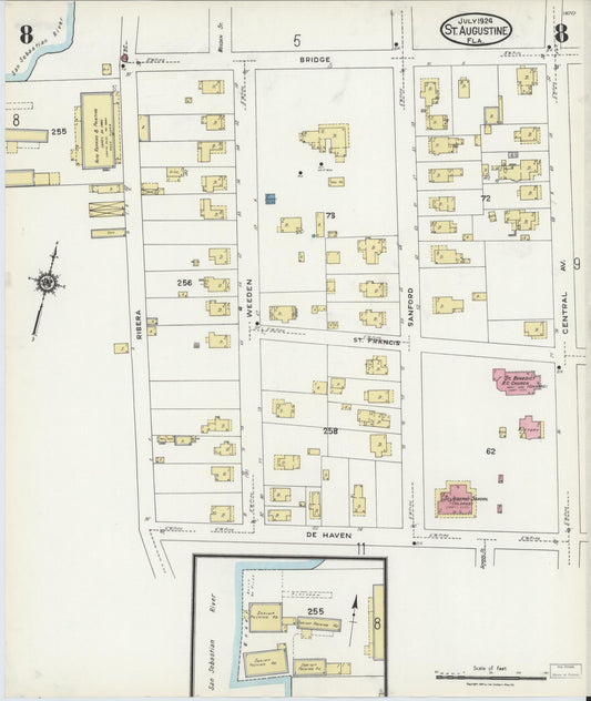 Sanborn Fire Insurance Map from Saint Augustine, Saint John's County, Florida (1924), Sheet #0008 - Historic Sanborn Fire Insurance Map Print, vintage old map wall art, antique decor, genealogy gift, Florida Florida map