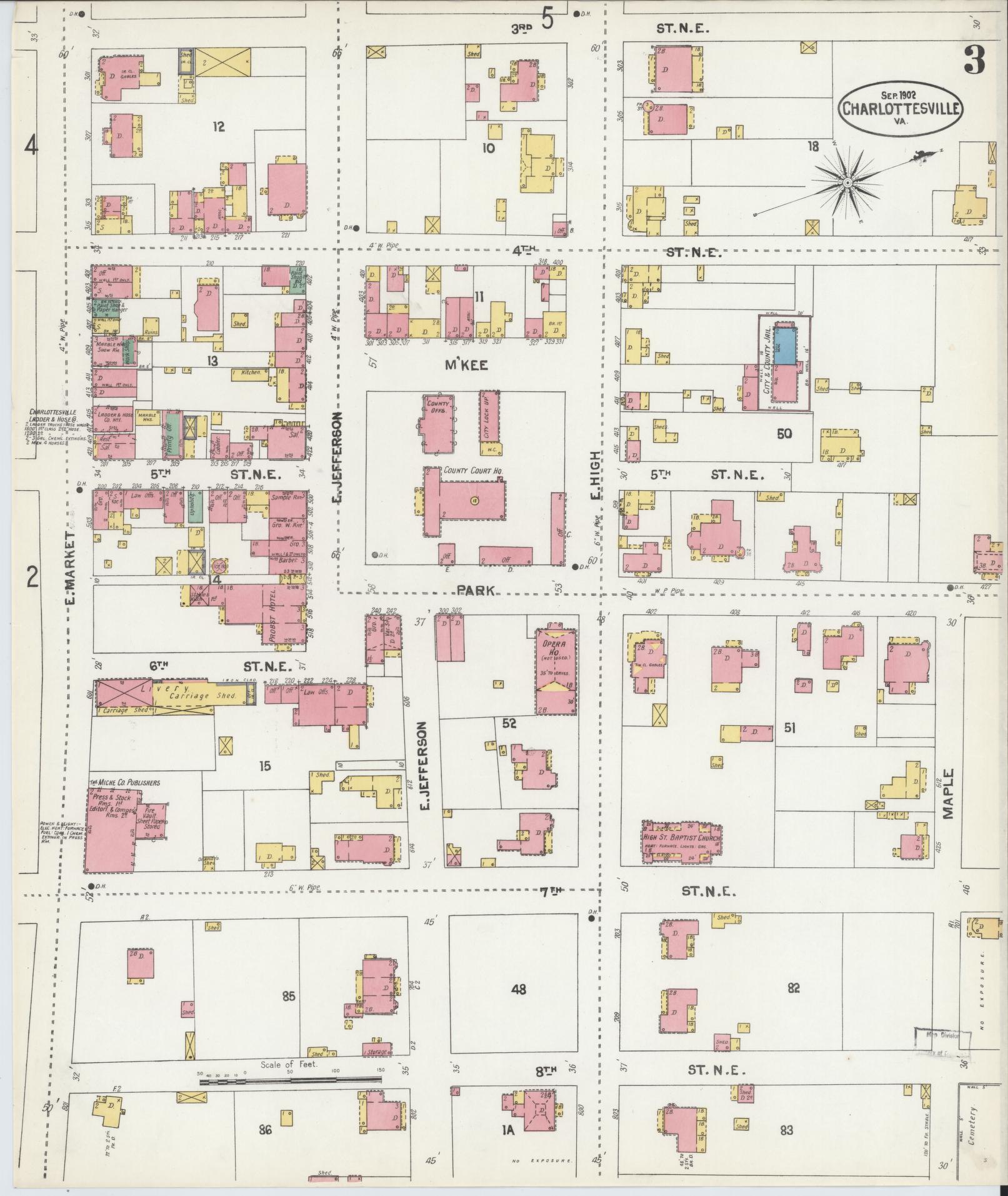Sanborn Fire Insurance Map from Charlottesville, Independent Cities, Virginia (1902), Sheet #0003 - Complete Map Set gallery image, historic Sanborn map, vintage wall art, Virginia Virginia