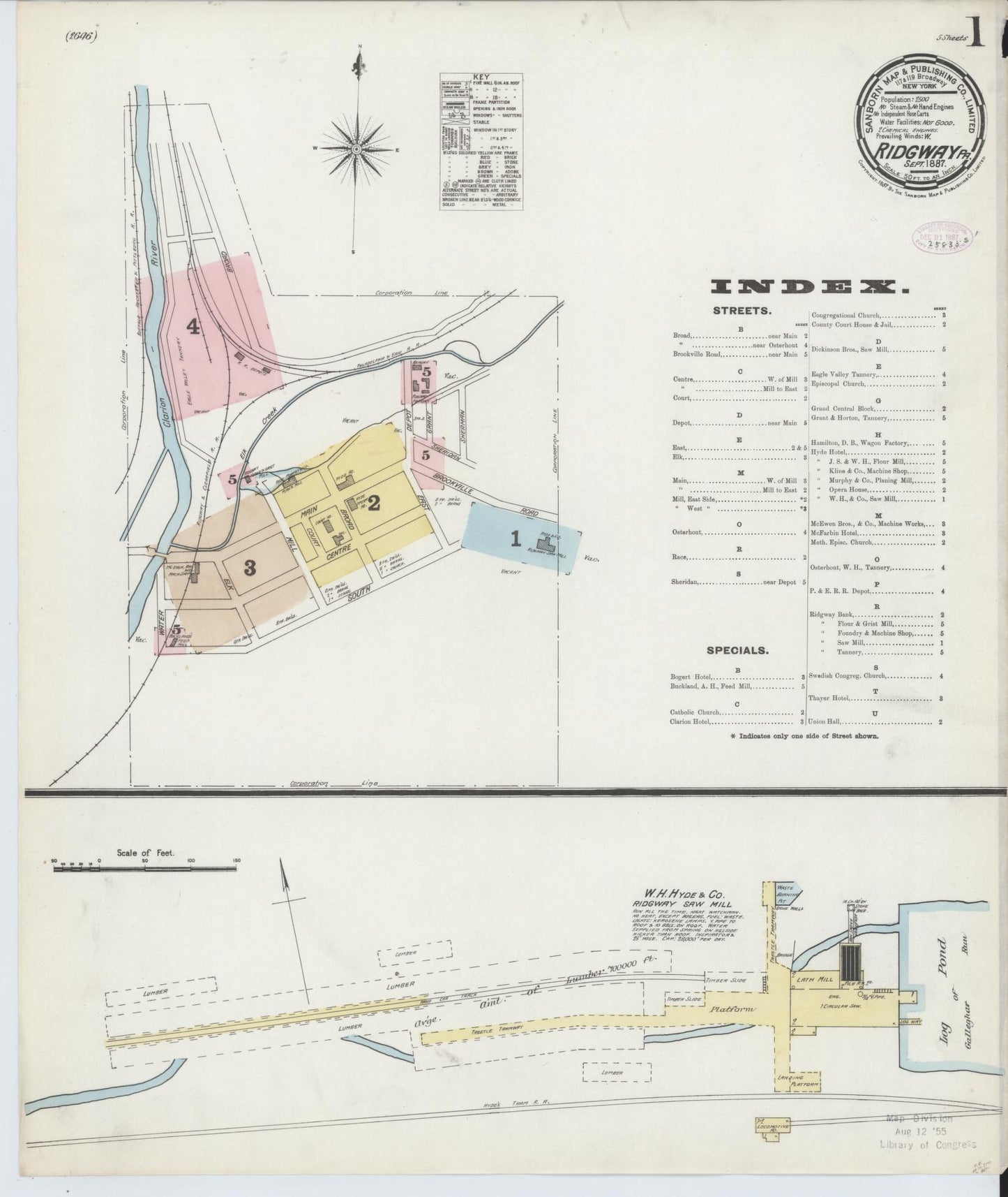 Sanborn Fire Insurance Map from Ridgway, Elk County, Pennsylvania (1887), Sheet #0001 - Historic Sanborn Fire Insurance Map Print, vintage old map wall art, antique decor, genealogy gift, Pennsylvania Pennsylvania map