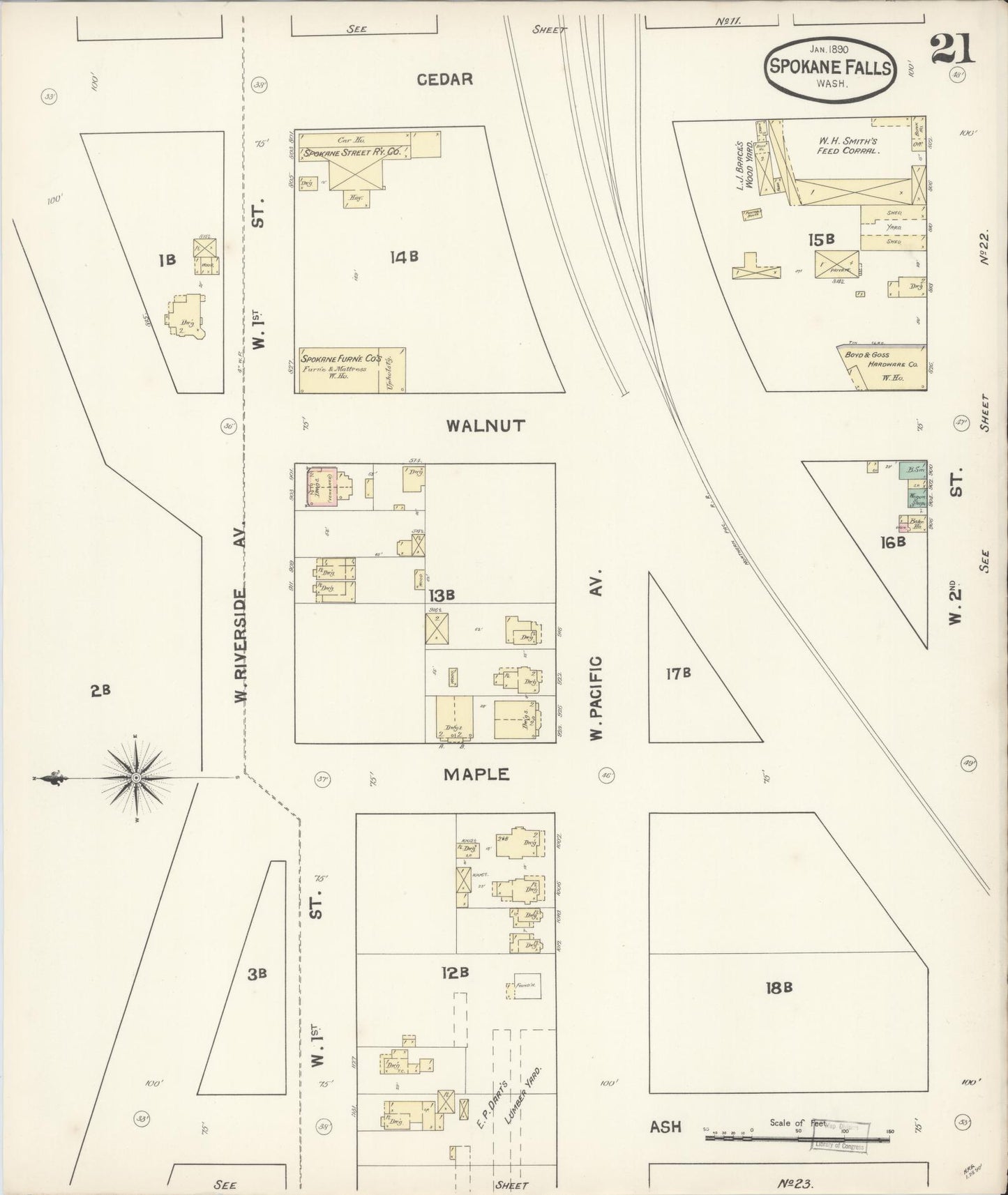 Sanborn Fire Insurance Map from Spokane, Spokane County, Washington (1890), Sheet #0021 - Historic Sanborn Fire Insurance Map Print, vintage old map wall art, antique decor, genealogy gift, Washington Washington map