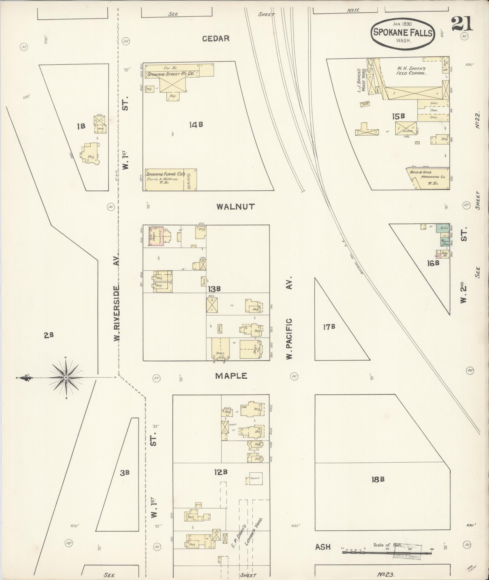 Sanborn Fire Insurance Map from Spokane, Spokane County, Washington (1890), Sheet #0021 - Historic Sanborn Fire Insurance Map Print, vintage old map wall art, antique decor, genealogy gift, Washington Washington map