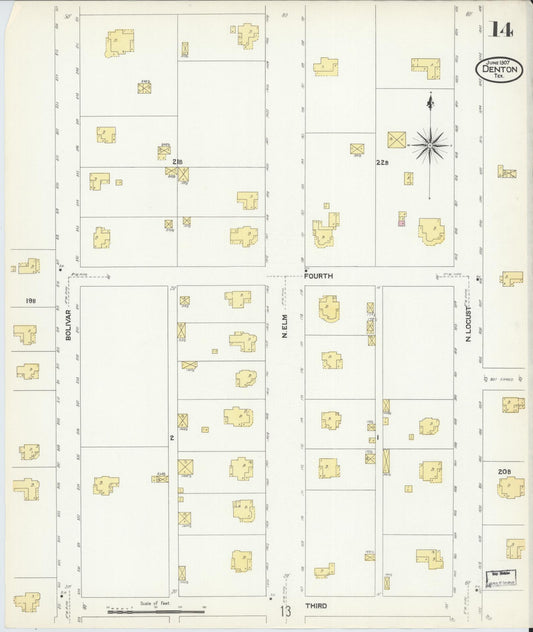 Sanborn Fire Insurance Map from Denton, Denton County, Texas (1907), Sheet #0014 - Historic Sanborn Fire Insurance Map Print, vintage old map wall art, antique decor, genealogy gift, Texas Texas map
