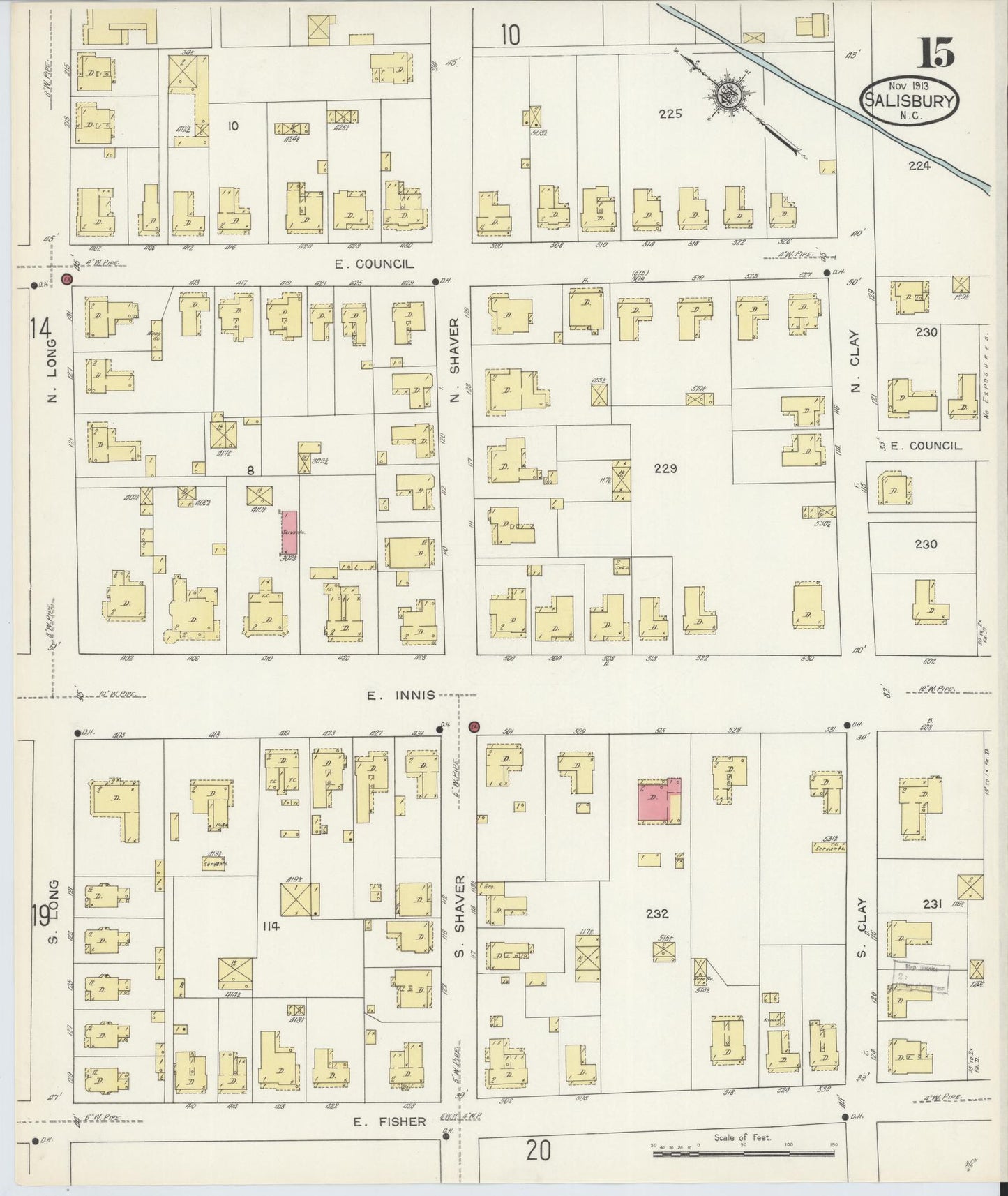 Sanborn Fire Insurance Map from Salisbury, Rowan County, North Carolina (1913), Sheet #0015 - Historic Sanborn Fire Insurance Map Print, vintage old map wall art, antique decor, genealogy gift, North Carolina North Carolina map