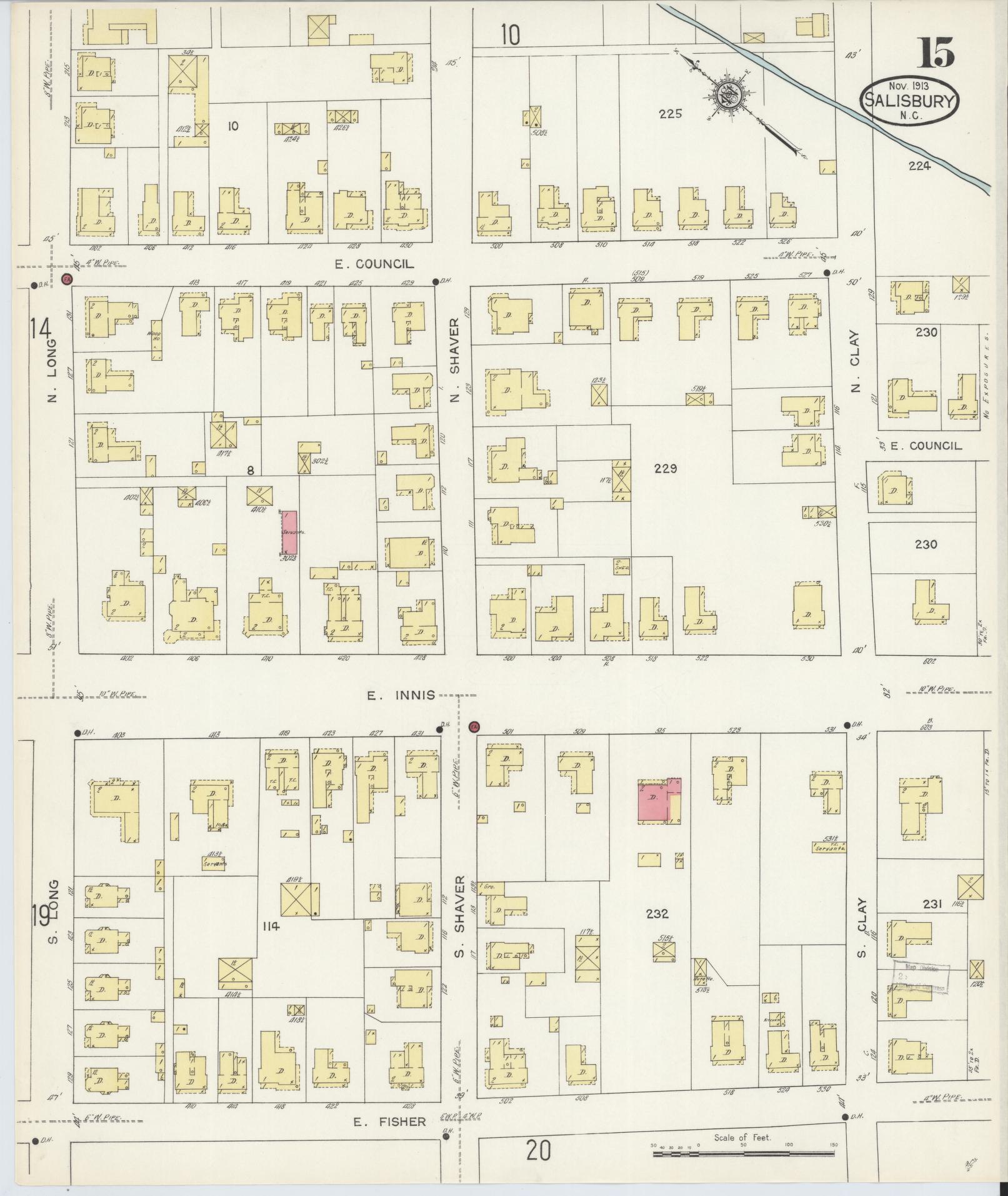 Sanborn Fire Insurance Map from Salisbury, Rowan County, North Carolina (1913), Sheet #0015 - Historic Sanborn Fire Insurance Map Print, vintage old map wall art, antique decor, genealogy gift, North Carolina North Carolina map