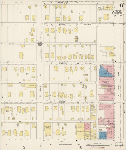 Sanborn Fire Insurance Map from Fullerton, Orange County, California (1917), Sheet #0006 - Historic Sanborn Fire Insurance Map Print, vintage old map wall art, antique decor, genealogy gift, California California map
