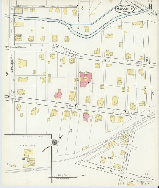 Sanborn Fire Insurance Map from Maryville, Blount County, Tennessee (1917), Sheet #0006 - Historic Sanborn Fire Insurance Map Print, vintage old map wall art, antique decor, genealogy gift, Tennessee Tennessee map