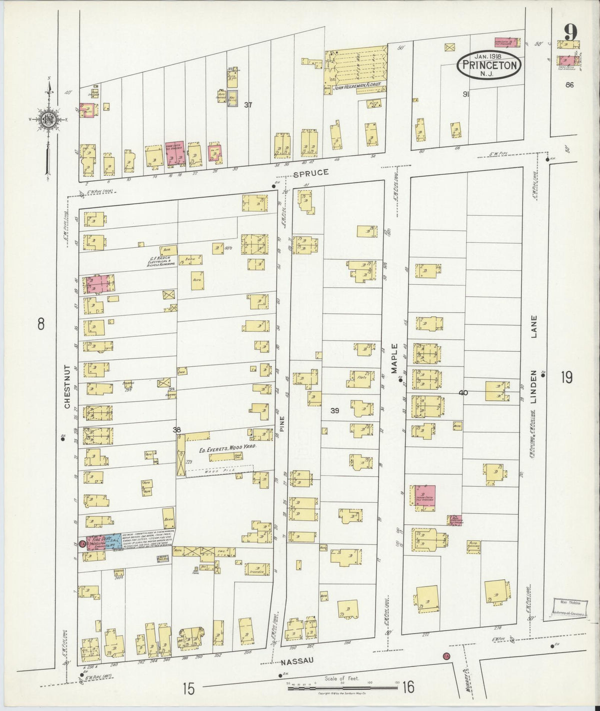 Sanborn Fire Insurance Map from Princeton, Mercer County, New Jersey (1918), Sheet #0009 - Historic Sanborn Fire Insurance Map Print, vintage old map wall art, antique decor, genealogy gift, New Jersey New Jersey map