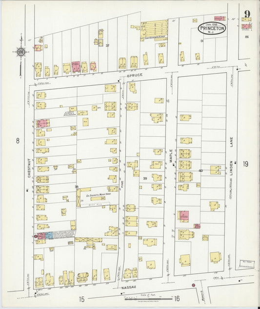 Sanborn Fire Insurance Map from Princeton, Mercer County, New Jersey (1918), Sheet #0009 - Historic Sanborn Fire Insurance Map Print, vintage old map wall art, antique decor, genealogy gift, New Jersey New Jersey map
