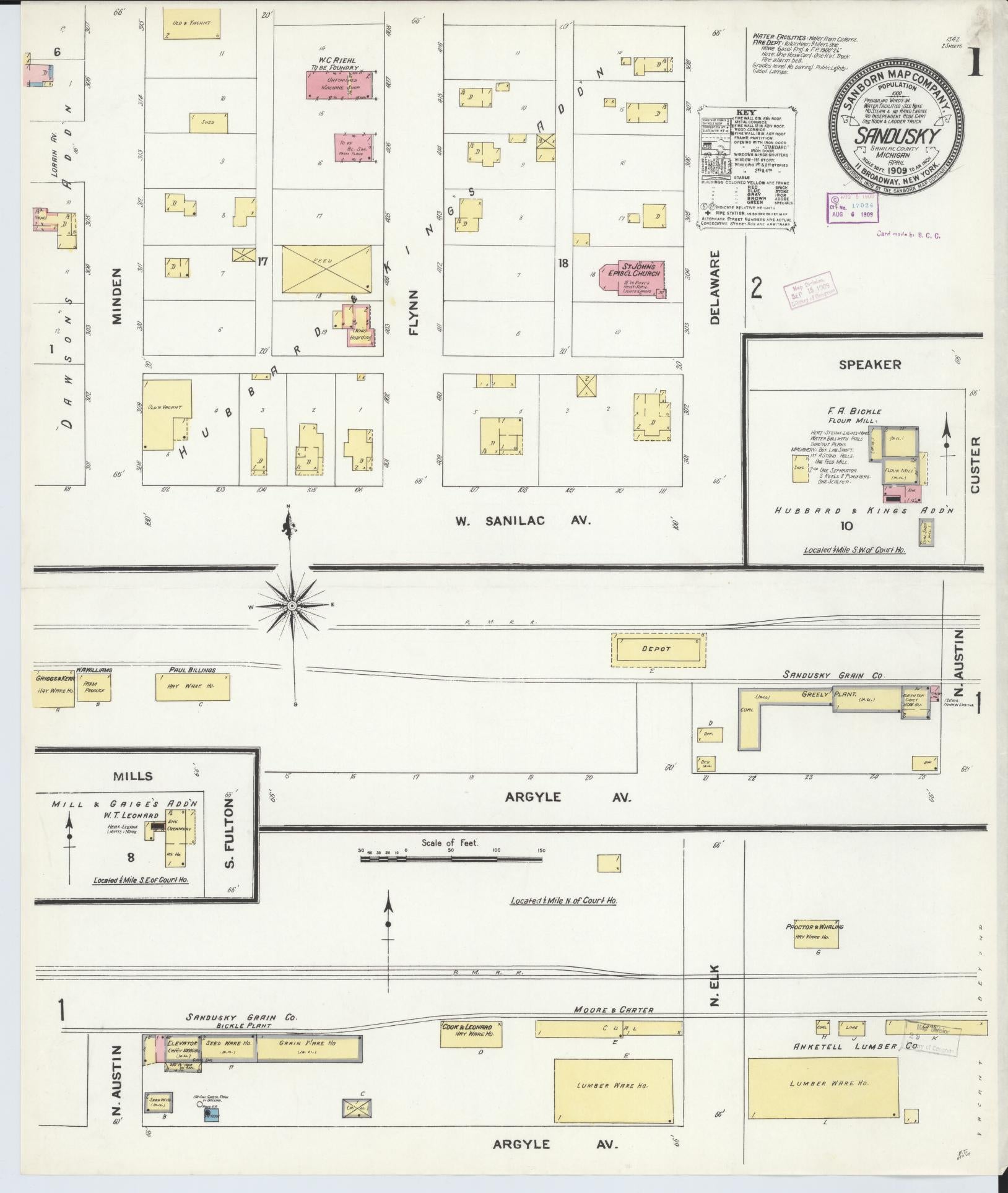 Sanborn Fire Insurance Map from Sandusky, Sanilac County, Michigan (1909), Sheet #0001 - Complete Map Set gallery image, historic Sanborn map, vintage wall art, Michigan Michigan