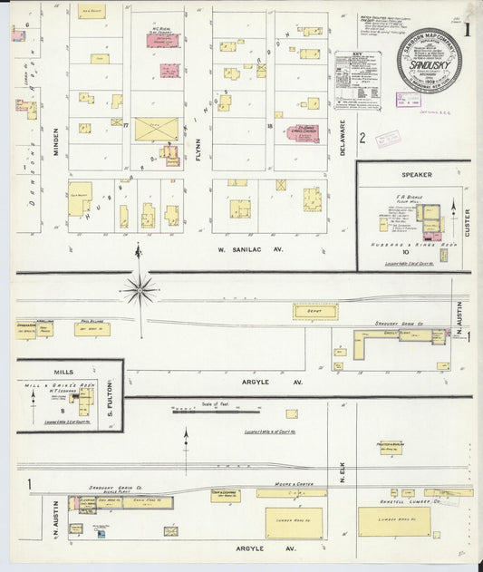 Sanborn Fire Insurance Map from Sandusky, Sanilac County, Michigan (1909), Sheet #0001 - Complete Map Set gallery image, historic Sanborn map, vintage wall art, Michigan Michigan
