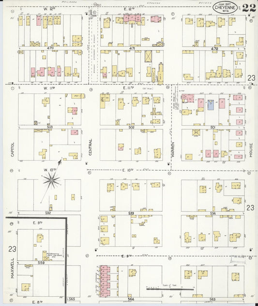 Sanborn Fire Insurance Map from Cheyenne, Laramie County, Wyoming (1907), Sheet #0022 - Historic Sanborn Fire Insurance Map Print, vintage old map wall art, antique decor, genealogy gift, Wyoming Wyoming map