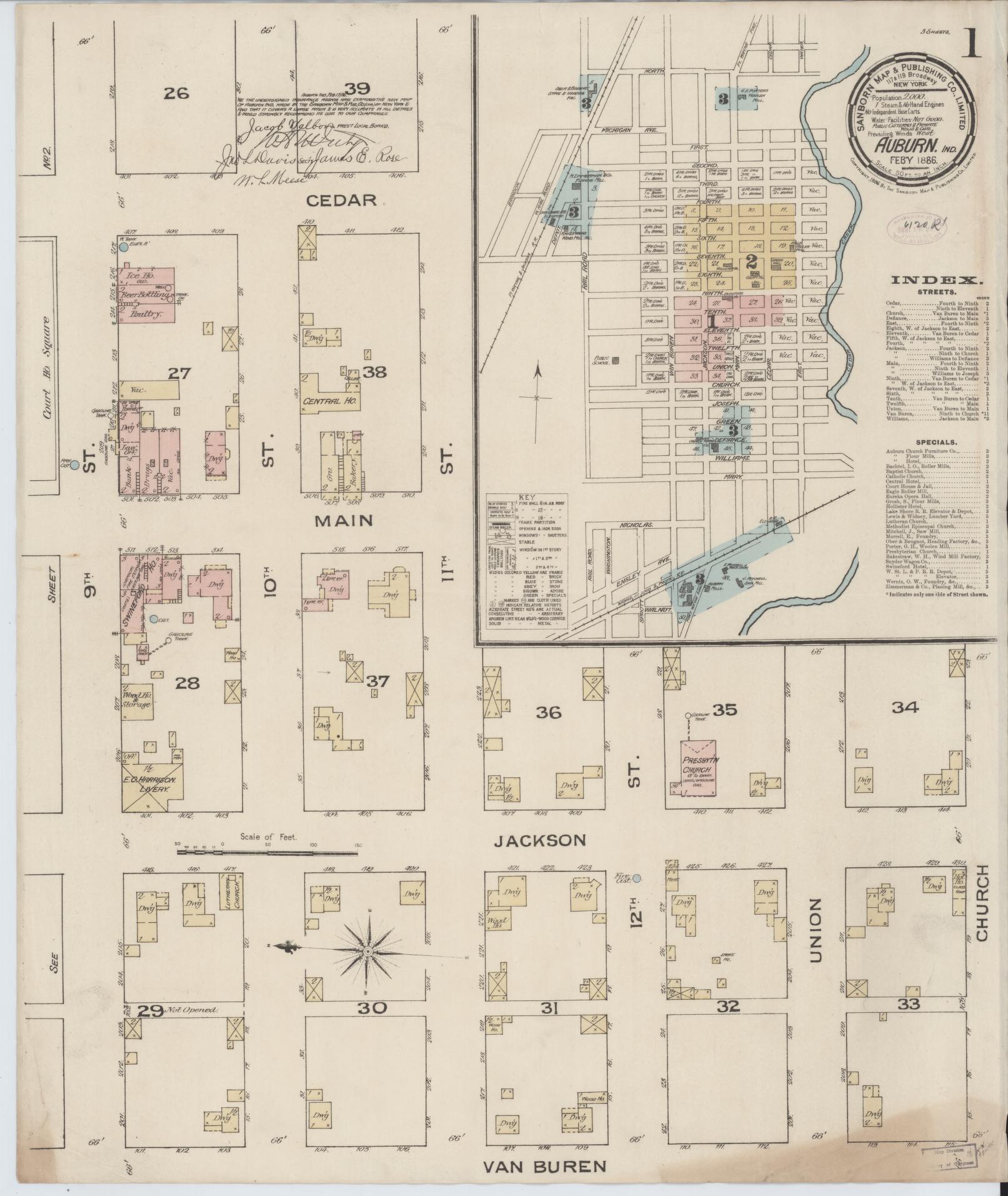 Sanborn Fire Insurance Map from Auburn, De Kalb County, Indiana (1886), Sheet #0001 - Complete Map Set gallery image, historic Sanborn map, vintage wall art, Indiana Indiana