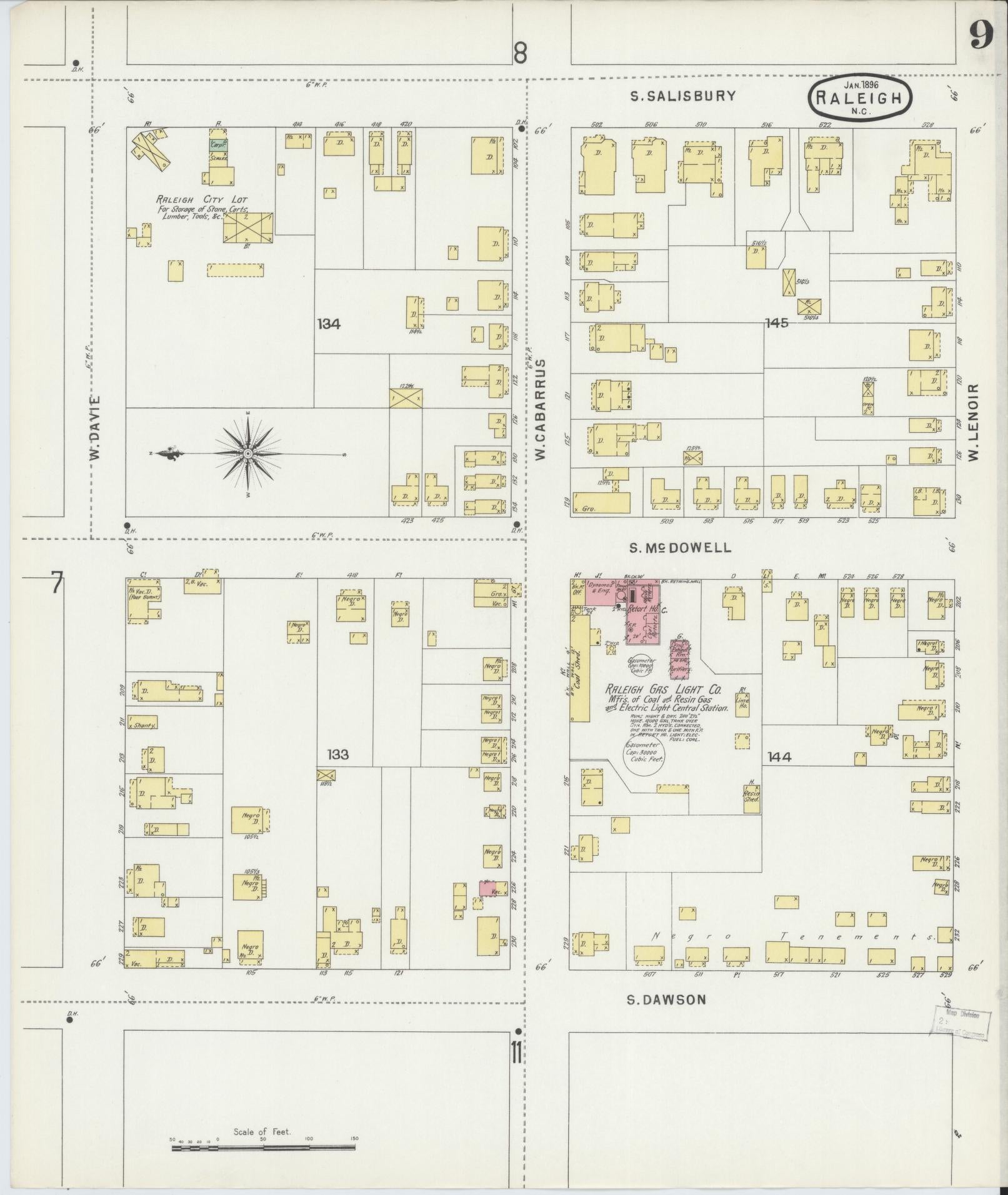 Sanborn Fire Insurance Map from Raleigh, Wake County, North Carolina (1896), Sheet #0009 - Complete Map Set gallery image, historic Sanborn map, vintage wall art, North Carolina North Carolina