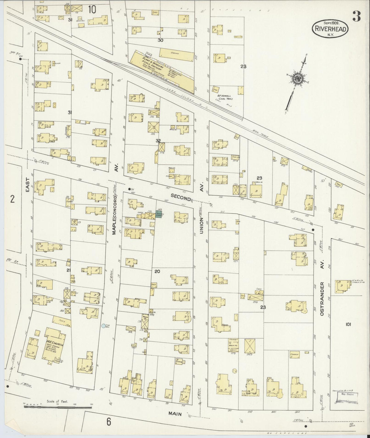 Sanborn Fire Insurance Map from Riverhead, Suffolk County, New York (1909), Sheet #0003 - Historic Sanborn Fire Insurance Map Print, vintage old map wall art, antique decor, genealogy gift, New York New York map
