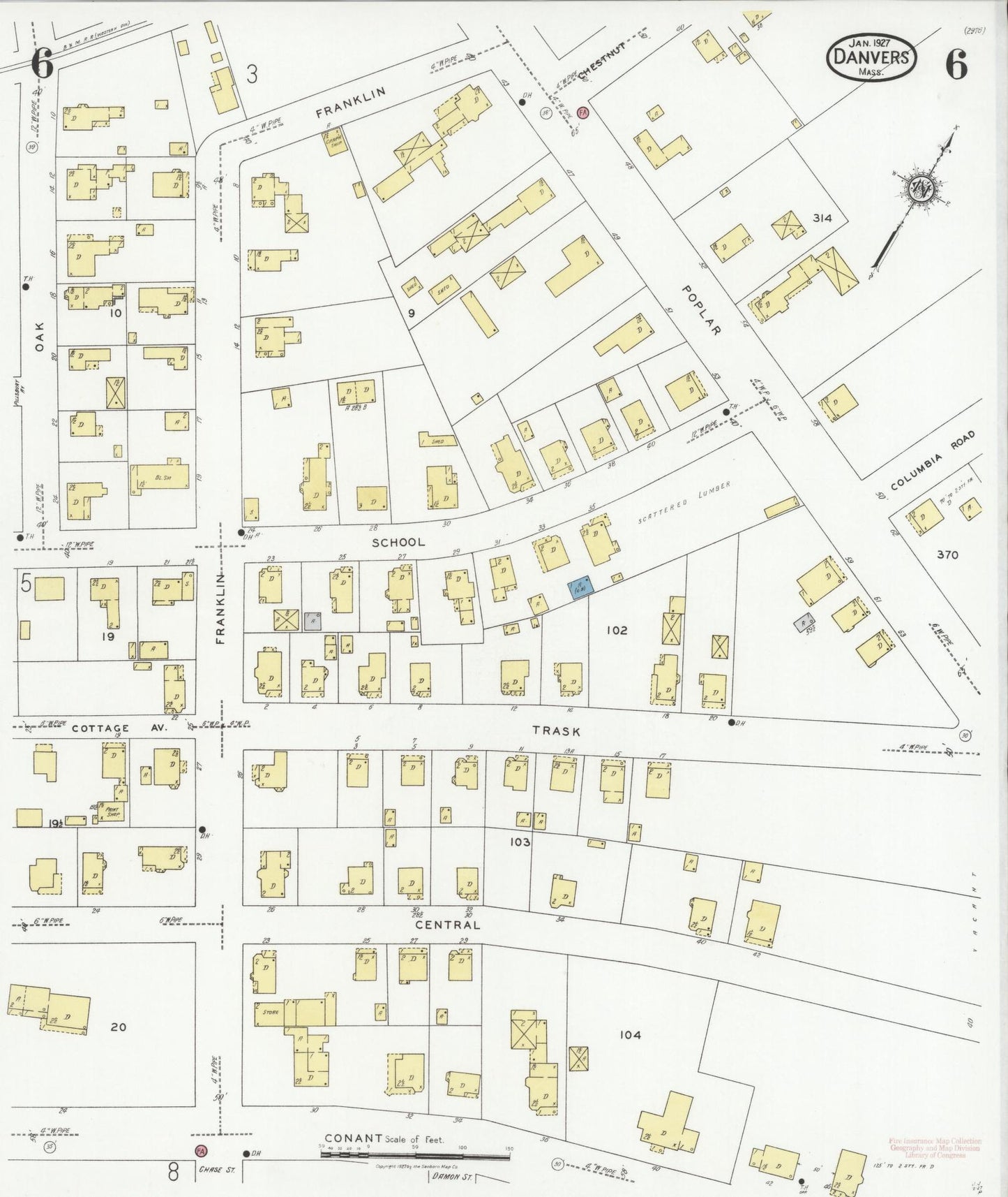 Sanborn Fire Insurance Map from Danvers, Essex County, Massachusetts (1927), Sheet #0006 - Complete Map Set gallery image, historic Sanborn map, vintage wall art, Massachusetts Massachusetts