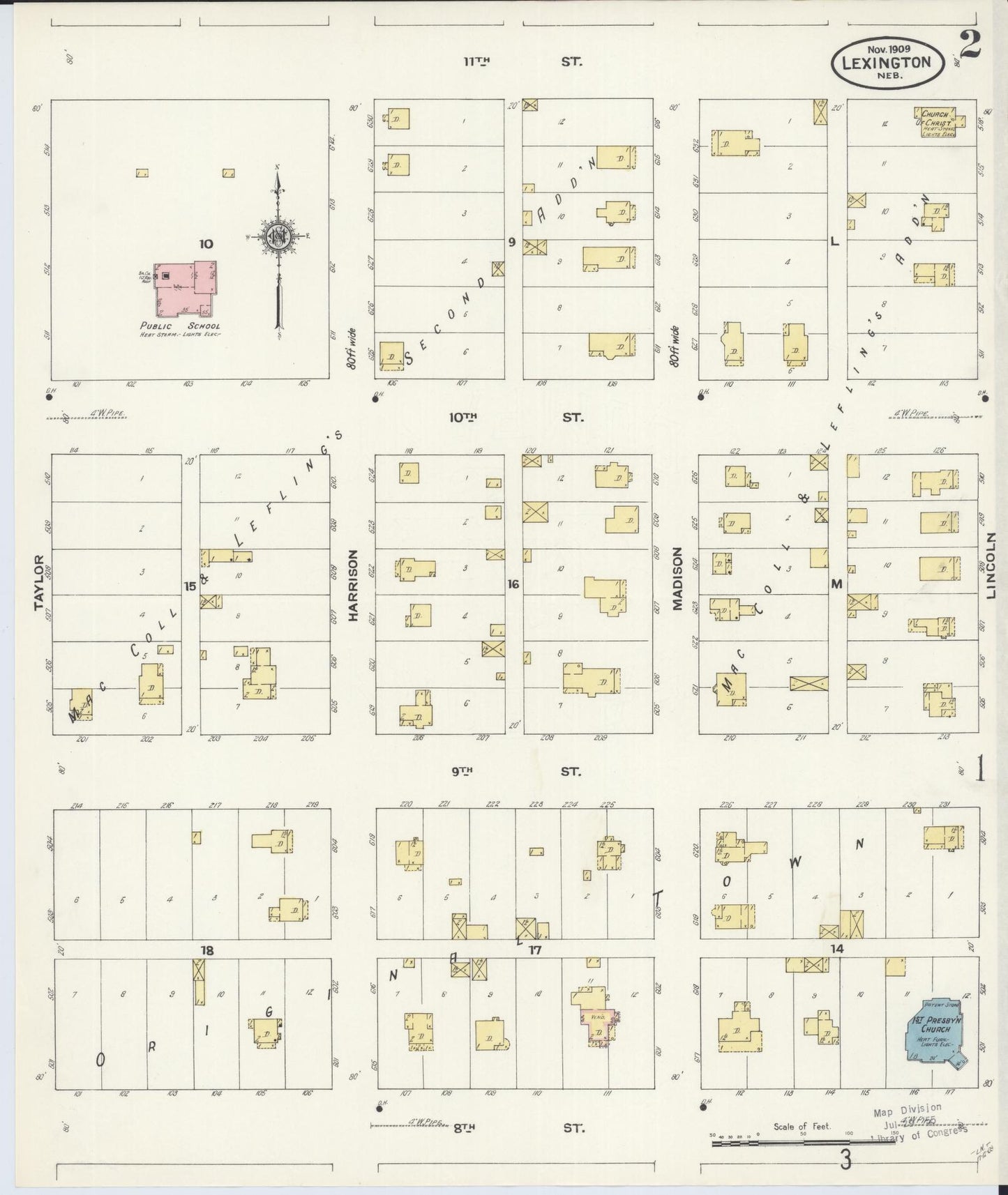 Sanborn Fire Insurance Map from Lexington, Dawson County, Nebraska (1909), Sheet #0002 - Historic Sanborn Fire Insurance Map Print, vintage old map wall art, antique decor, genealogy gift, Nebraska Nebraska map