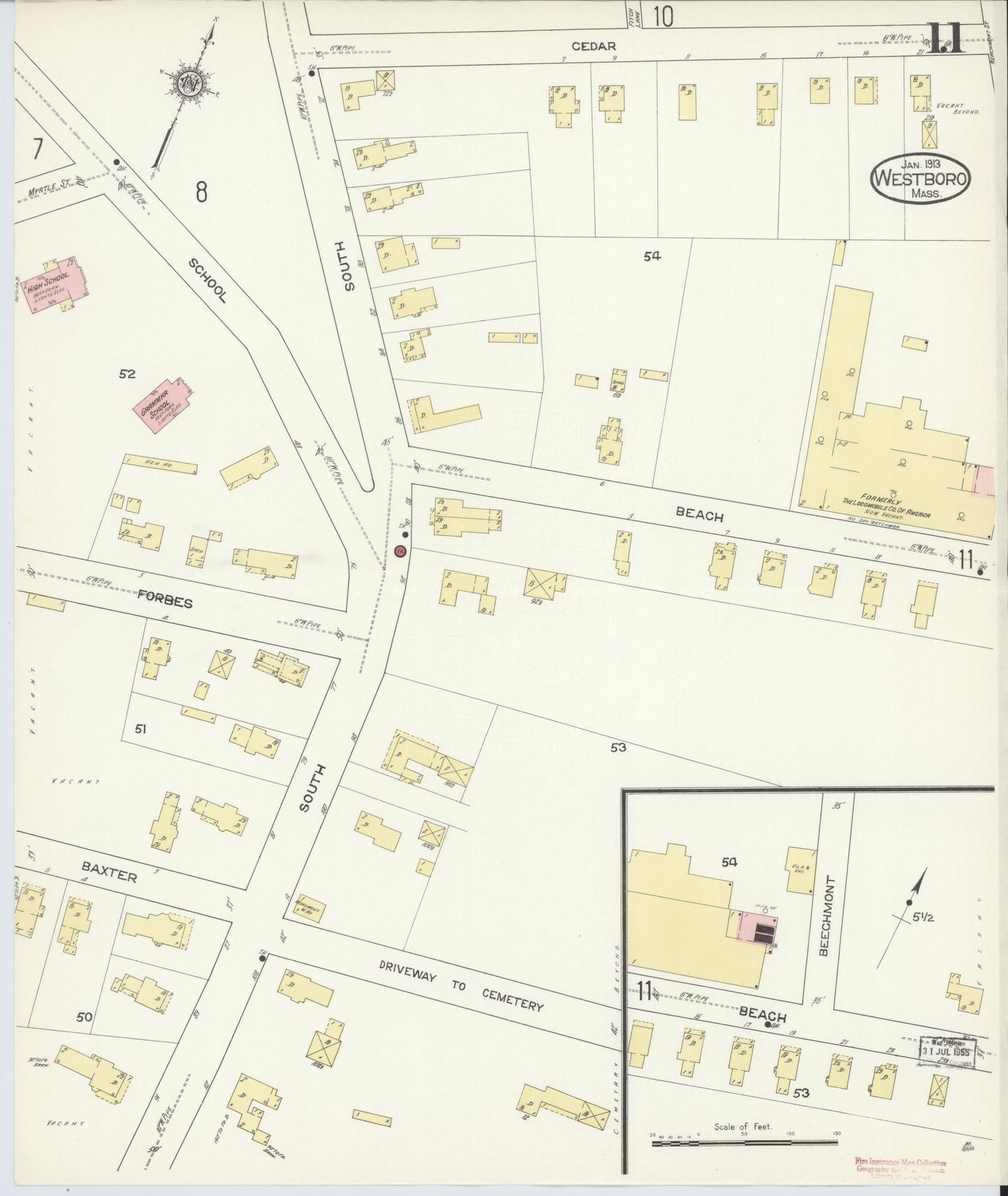 Sanborn Fire Insurance Map from Westboro, Worcester County, Massachusetts (1913), Sheet #0011 - Historic Sanborn Fire Insurance Map Print, vintage old map wall art, antique decor, genealogy gift, Massachusetts Massachusetts map