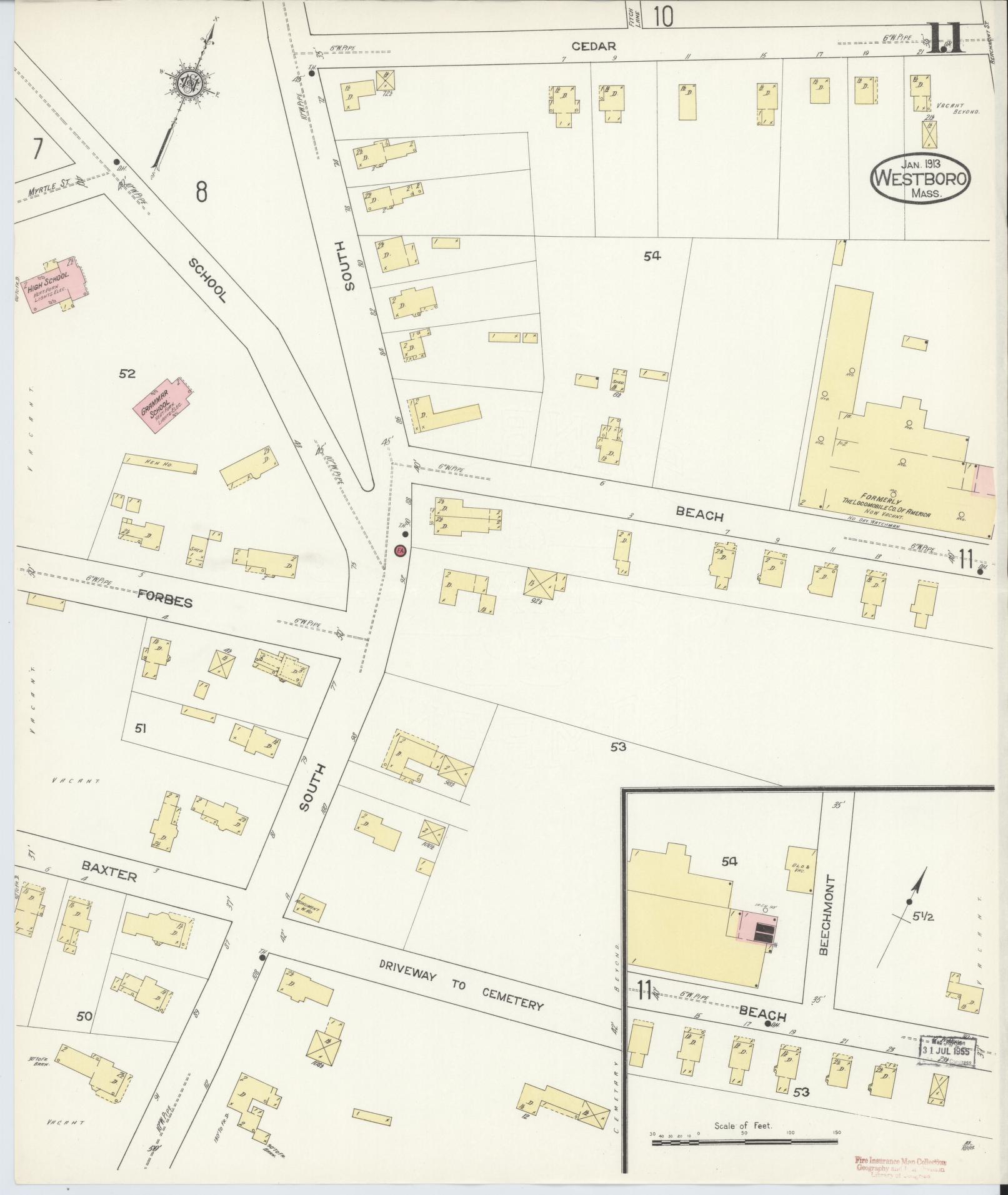 Sanborn Fire Insurance Map from Westboro, Worcester County, Massachusetts (1913), Sheet #0011 - Historic Sanborn Fire Insurance Map Print, vintage old map wall art, antique decor, genealogy gift, Massachusetts Massachusetts map