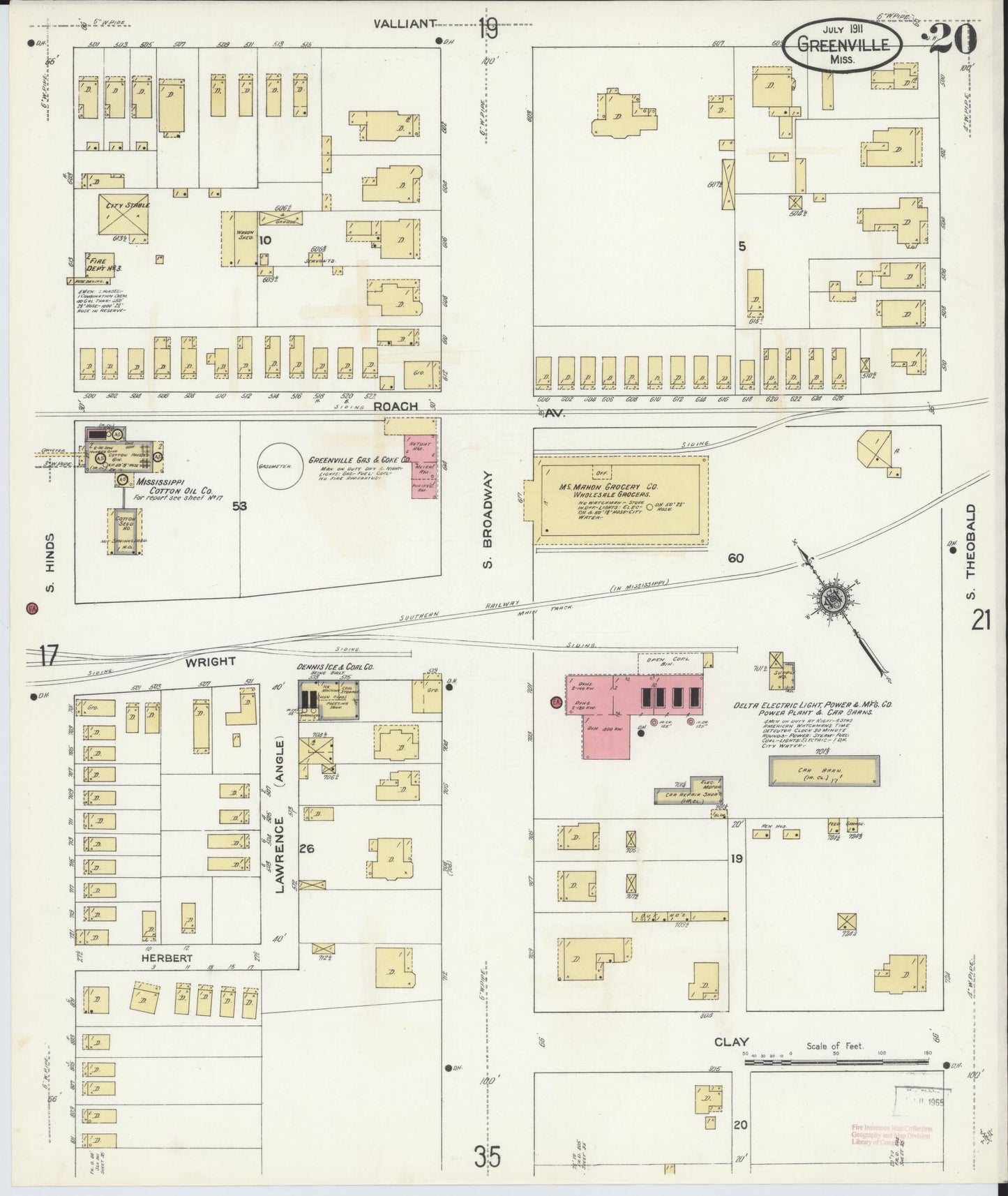 Sanborn Fire Insurance Map from Greenville, Washington County, Mississippi (1911), Sheet #0020 - Historic Sanborn Fire Insurance Map Print, vintage old map wall art, antique decor, genealogy gift, Mississippi Mississippi map