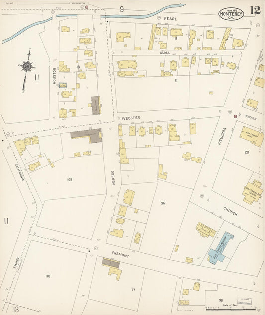Sanborn Fire Insurance Map from Monterey, Monterey County, California (1912), Sheet #0012 - Historic Sanborn Fire Insurance Map Print, vintage old map wall art, antique decor, genealogy gift, California California map