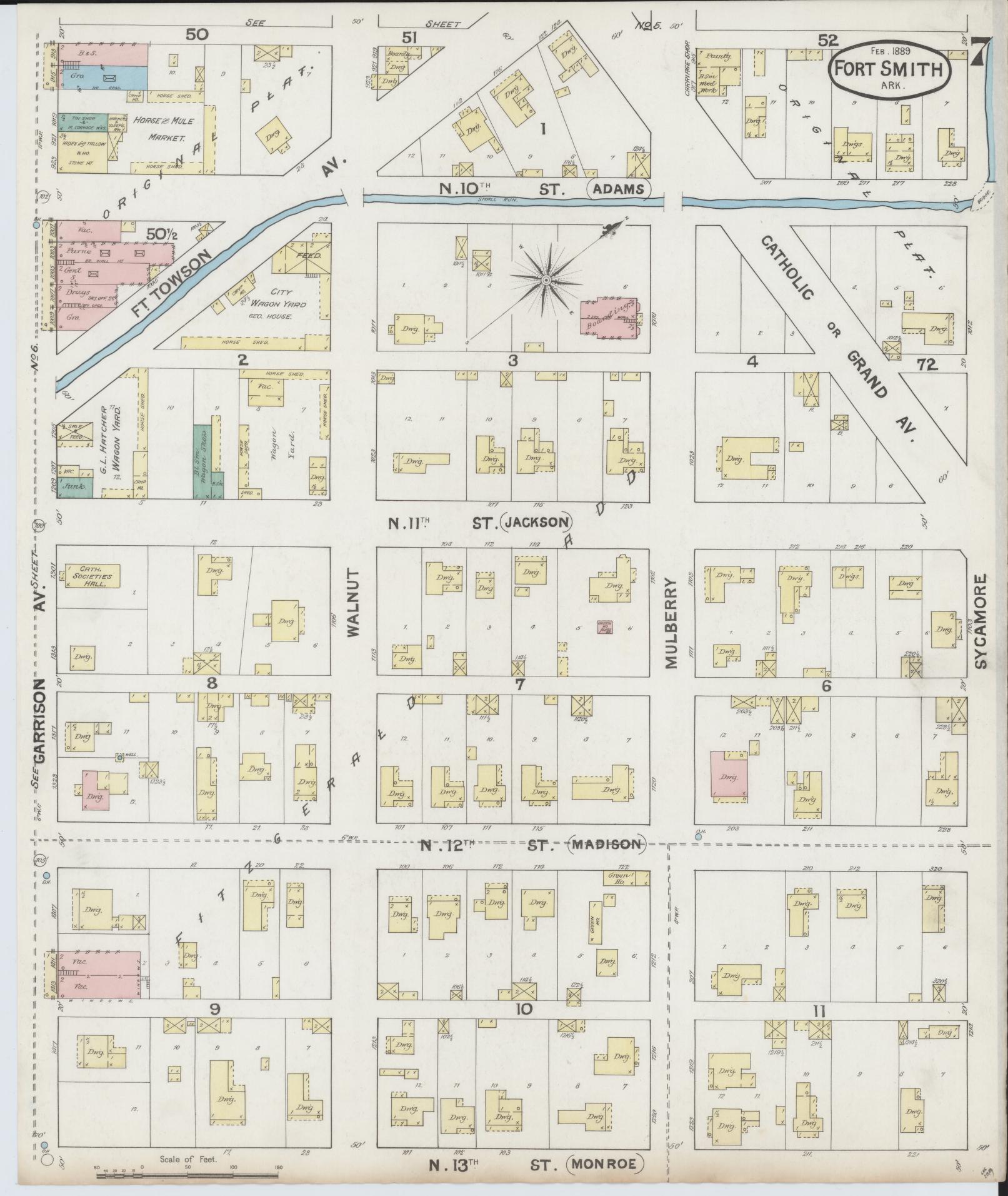 Sanborn Fire Insurance Map from Fort Smith, Sebastian County, Arkansas (1889), Sheet #0007 - Historic Sanborn Fire Insurance Map Print, vintage old map wall art, antique decor, genealogy gift, Arkansas Arkansas map