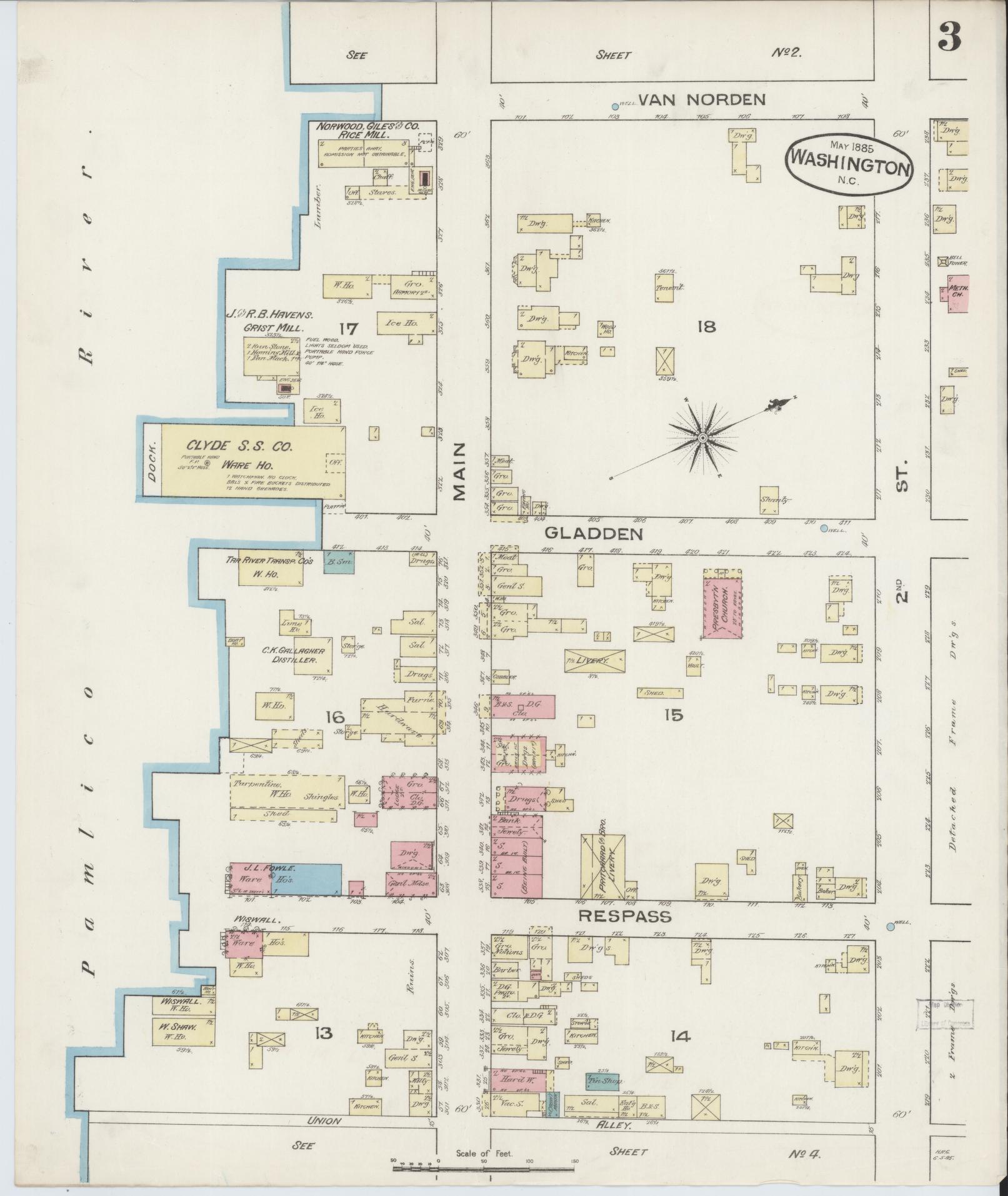 Sanborn Fire Insurance Map from Washington, Beaufort County, North Carolina (1885), Sheet #0003 - Historic Sanborn Fire Insurance Map Print, vintage old map wall art, antique decor, genealogy gift, North Carolina North Carolina map
